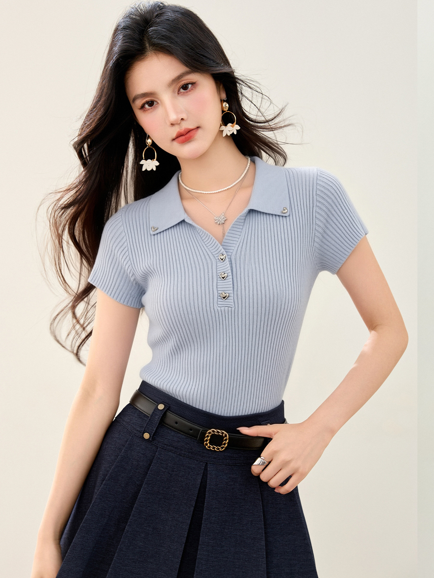 實拍◆有◆2026純色polo領短袖坑條針織女短修身高級感洋氣上衣