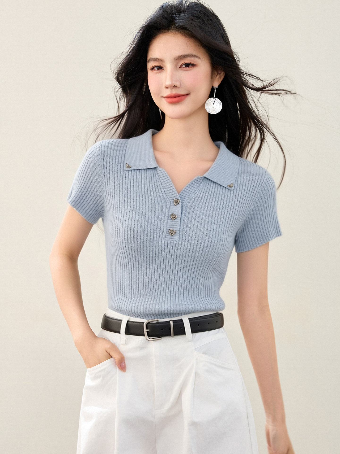實拍◆有◆2026純色polo領短袖坑條針織女短修身高級感洋氣上衣