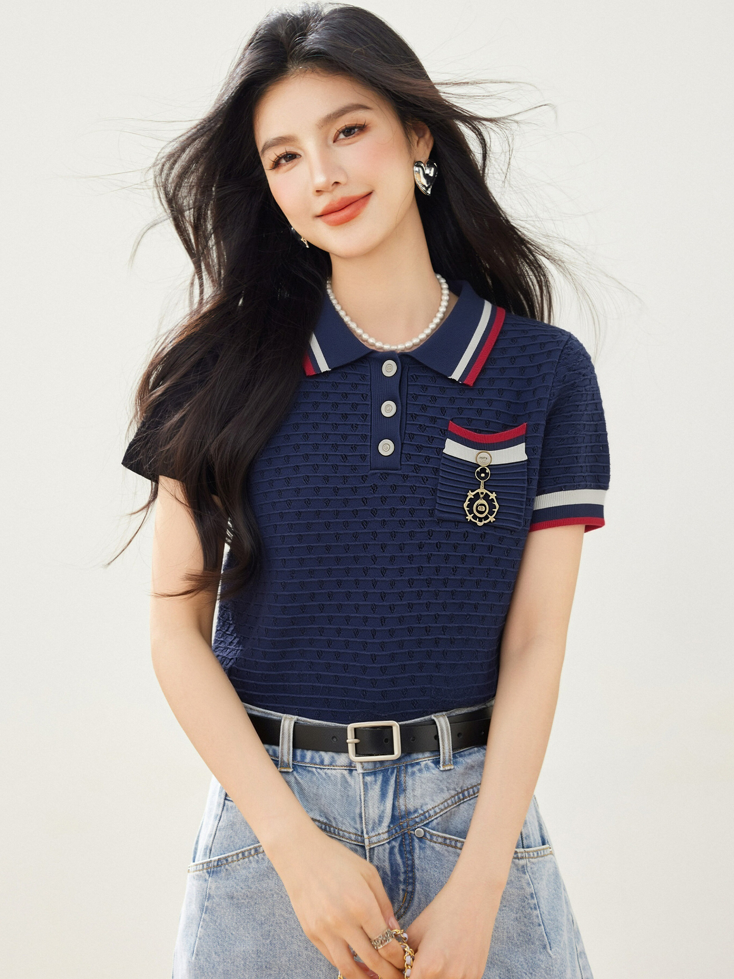 實拍◆有◆2026學院風撞色polo領短袖女夏設計感顯瘦百搭針織上衣