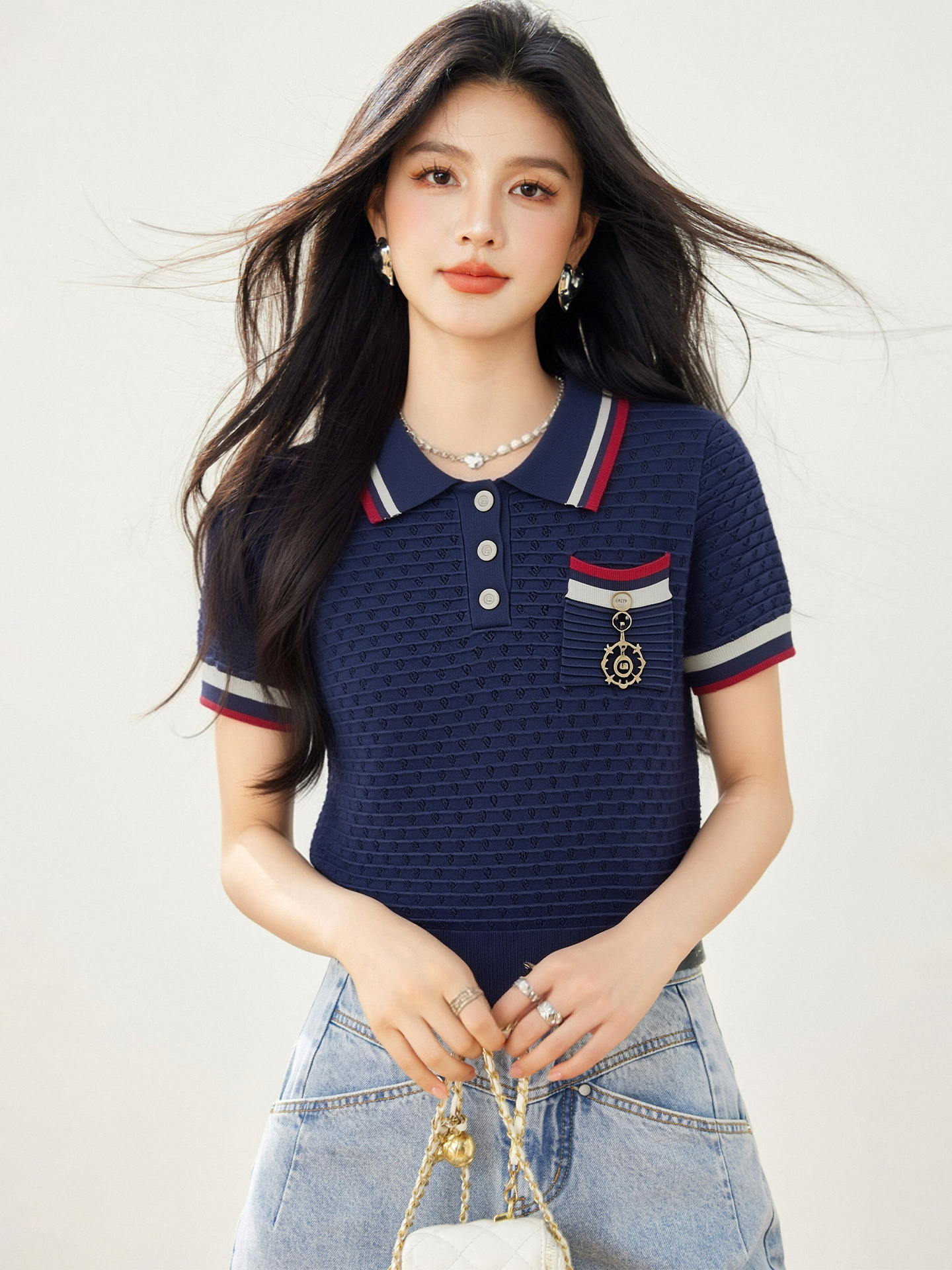 實拍◆有◆2026學院風撞色polo領短袖女夏設計感顯瘦百搭針織上衣