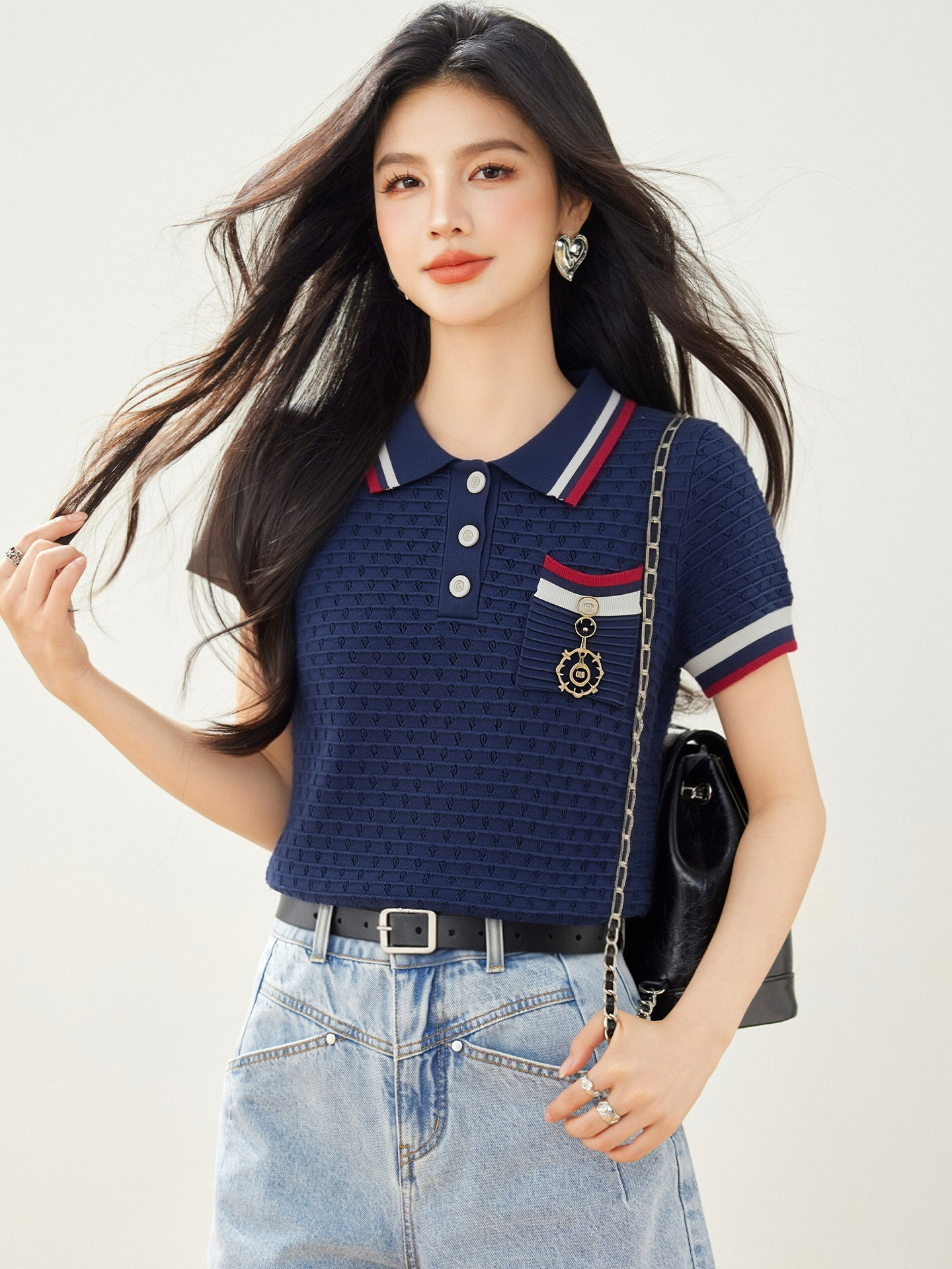 實拍◆有◆2026學院風撞色polo領短袖女夏設計感顯瘦百搭針織上衣