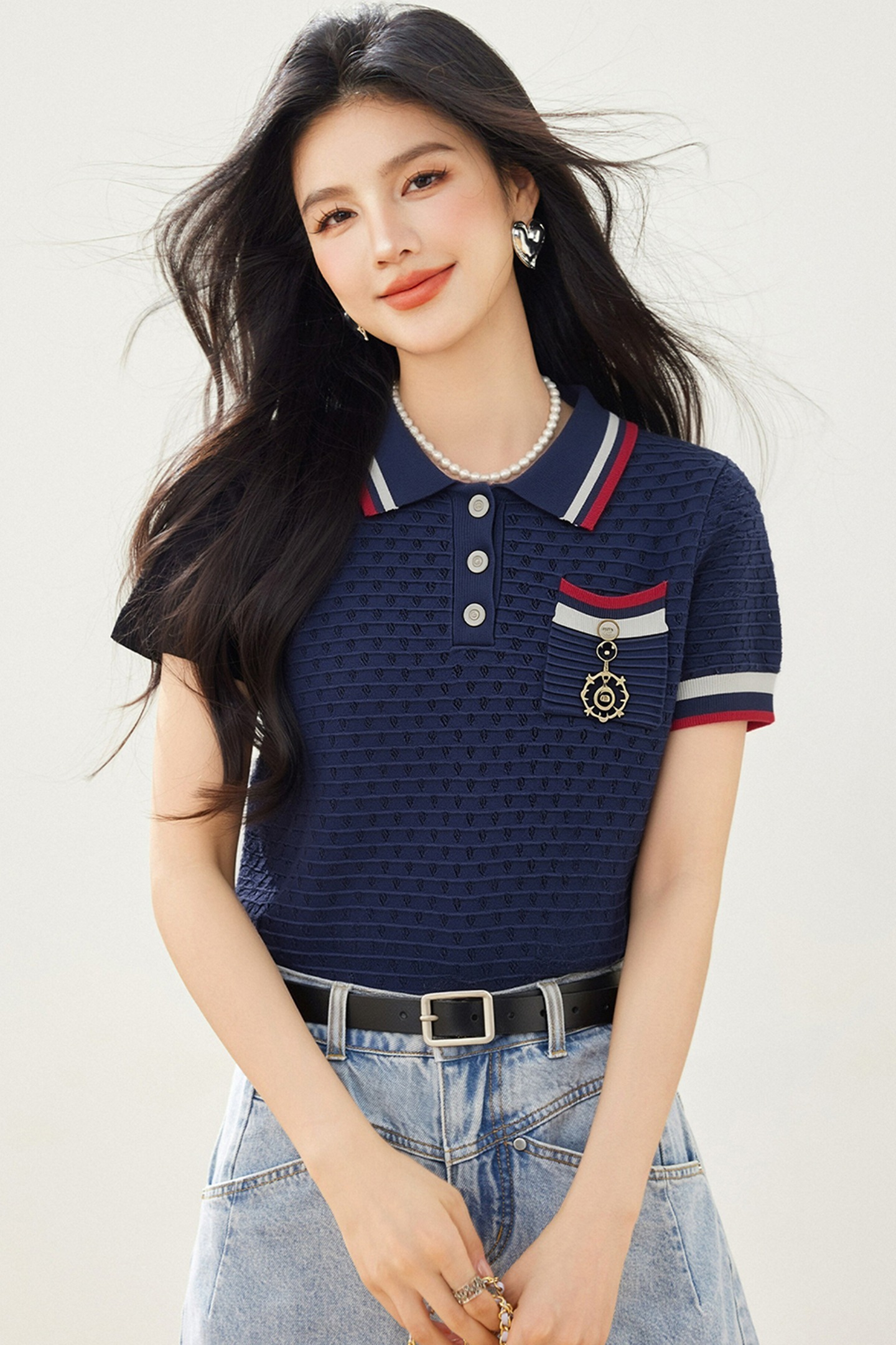 實拍◆有◆2026學院風撞色polo領短袖女夏設計感顯瘦百搭針織上衣