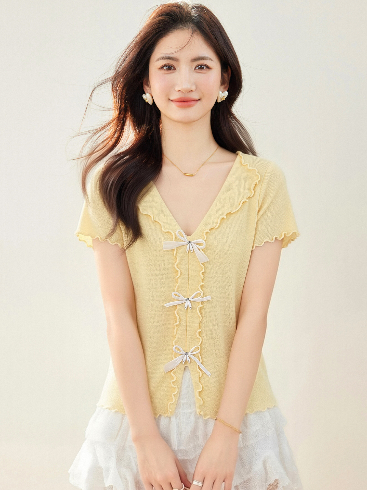 實拍◆有◆2026立體蝴蝶結裝飾V領短袖針織女溫柔氣質木耳邊上衣