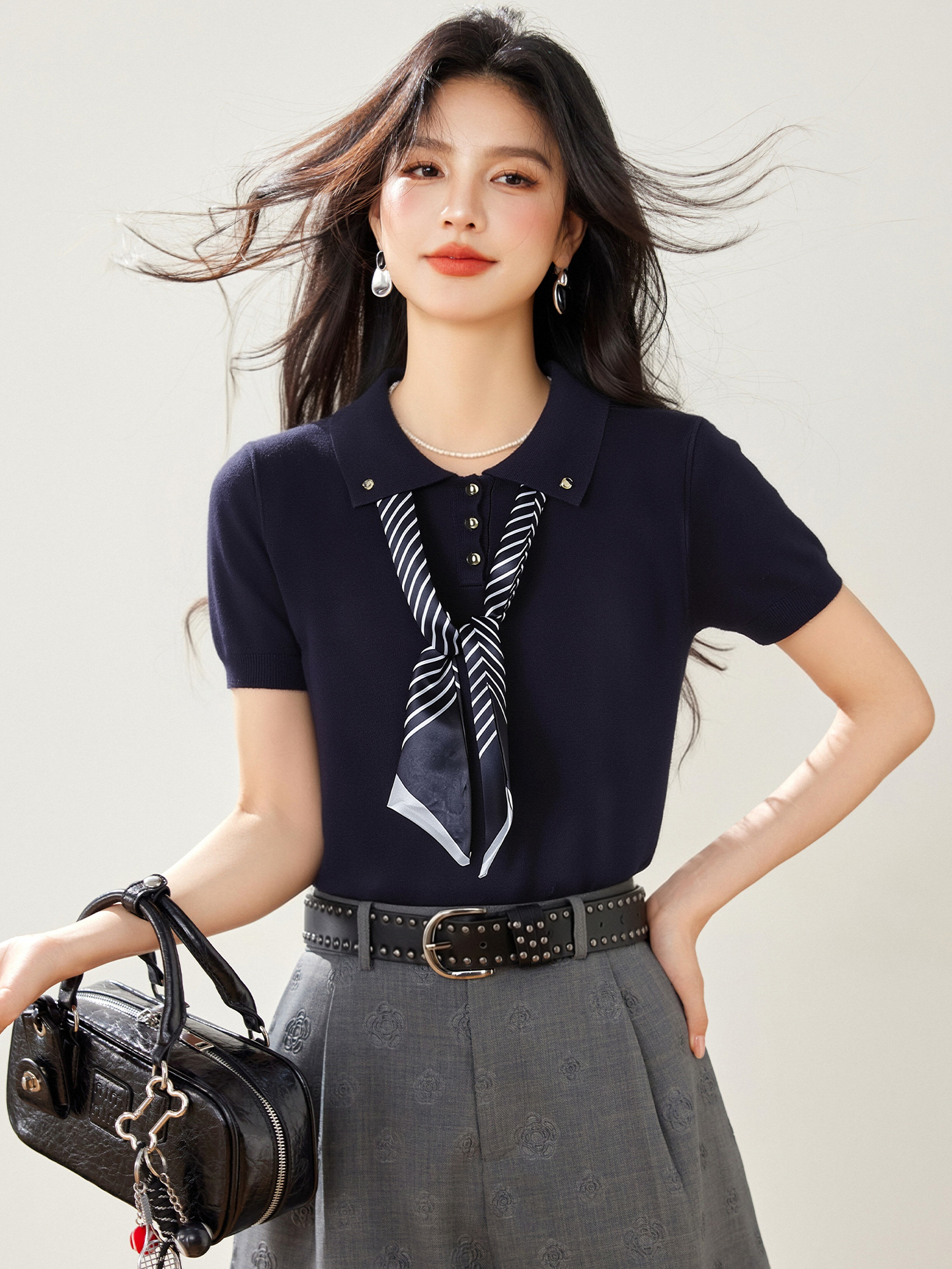 實拍◆有◆2026百搭polo領配絲巾無袖針織背心女夏季寬松顯瘦上衣