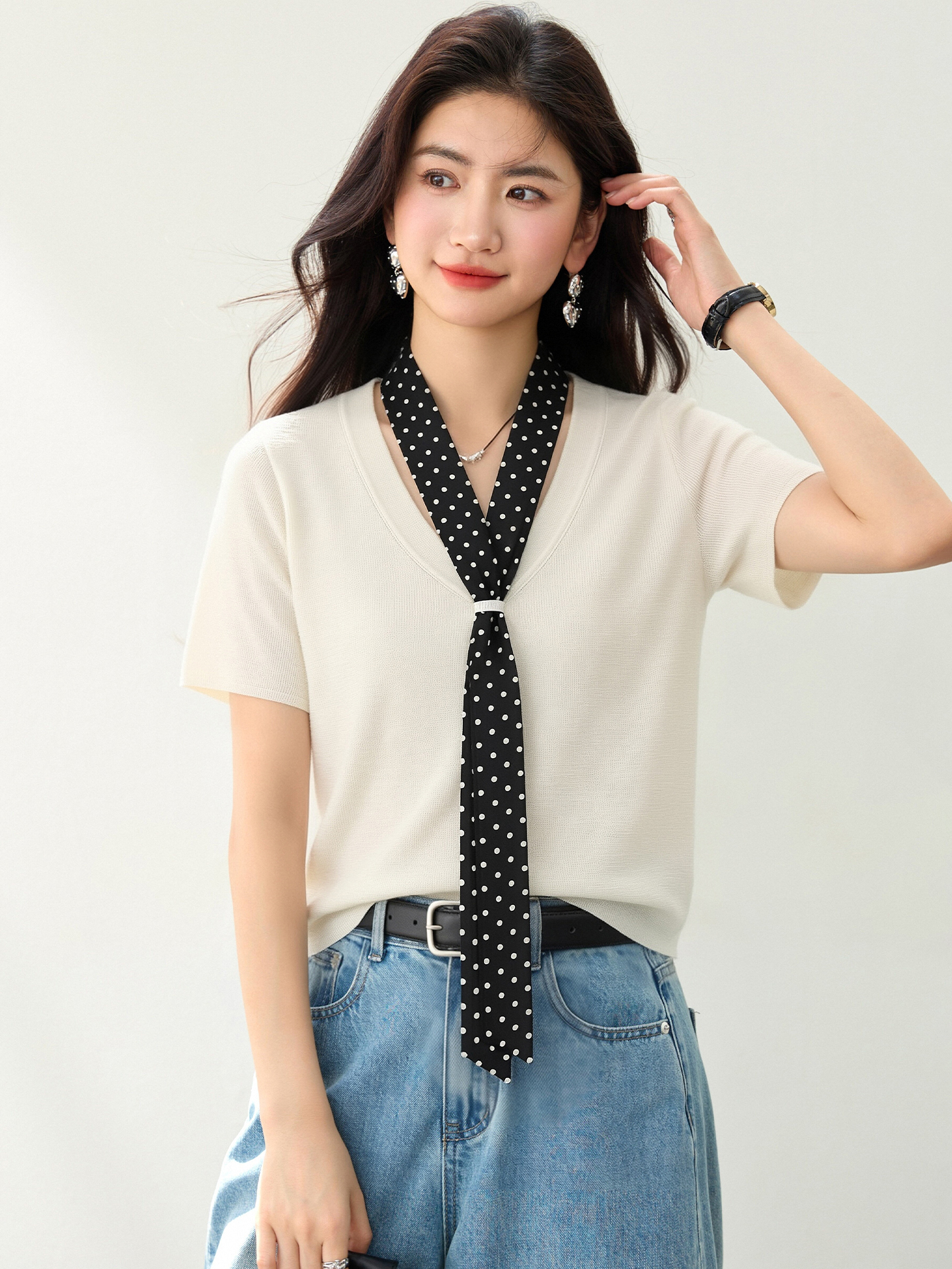 實拍◆有◆2026夏季甜美氣質輕奢高級感飄帶短袖針織衫上衣