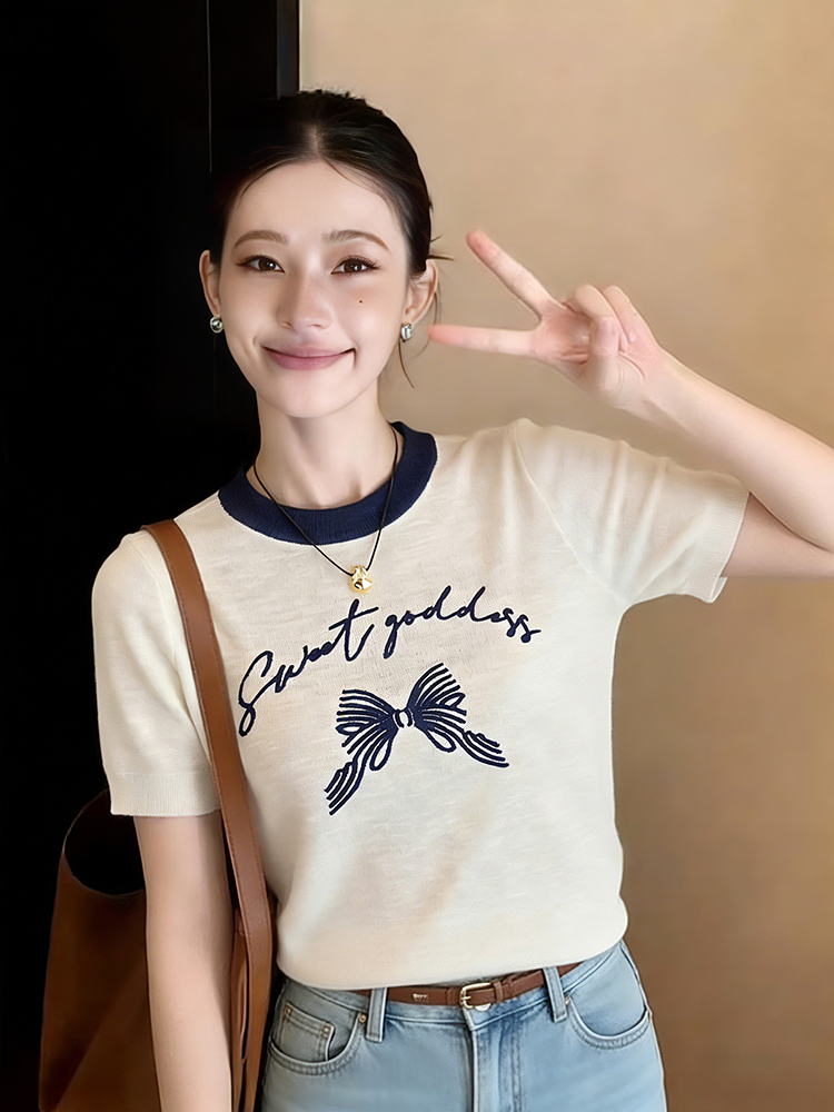 撞色圓領字母蝴蝶結短袖針織衫女休閑韓系百搭套頭上衣夏