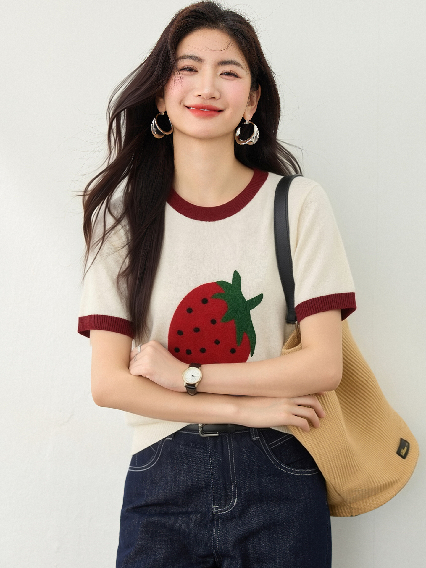 實拍◆有◆2026夏季新款設計感正肩寬松草莓針織短袖T恤女上衣