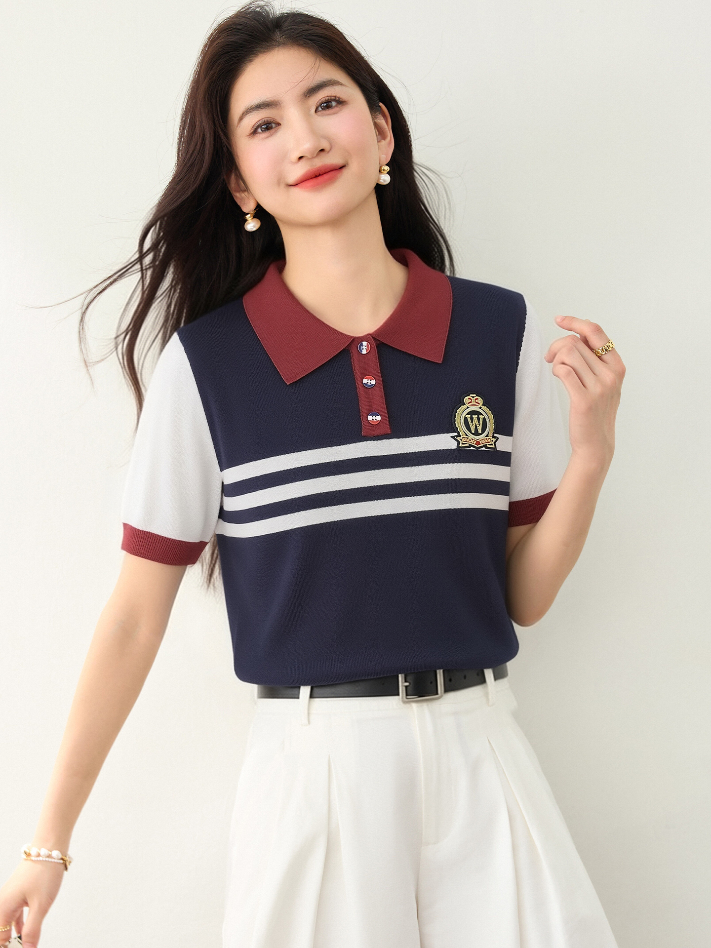 實拍◆有◆2026條紋撞色拼接短袖T恤女新款針織假兩件Polo領上衣