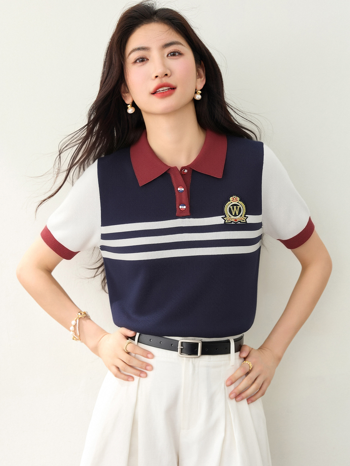 實拍◆有◆2026條紋撞色拼接短袖T恤女新款針織假兩件Polo領上衣