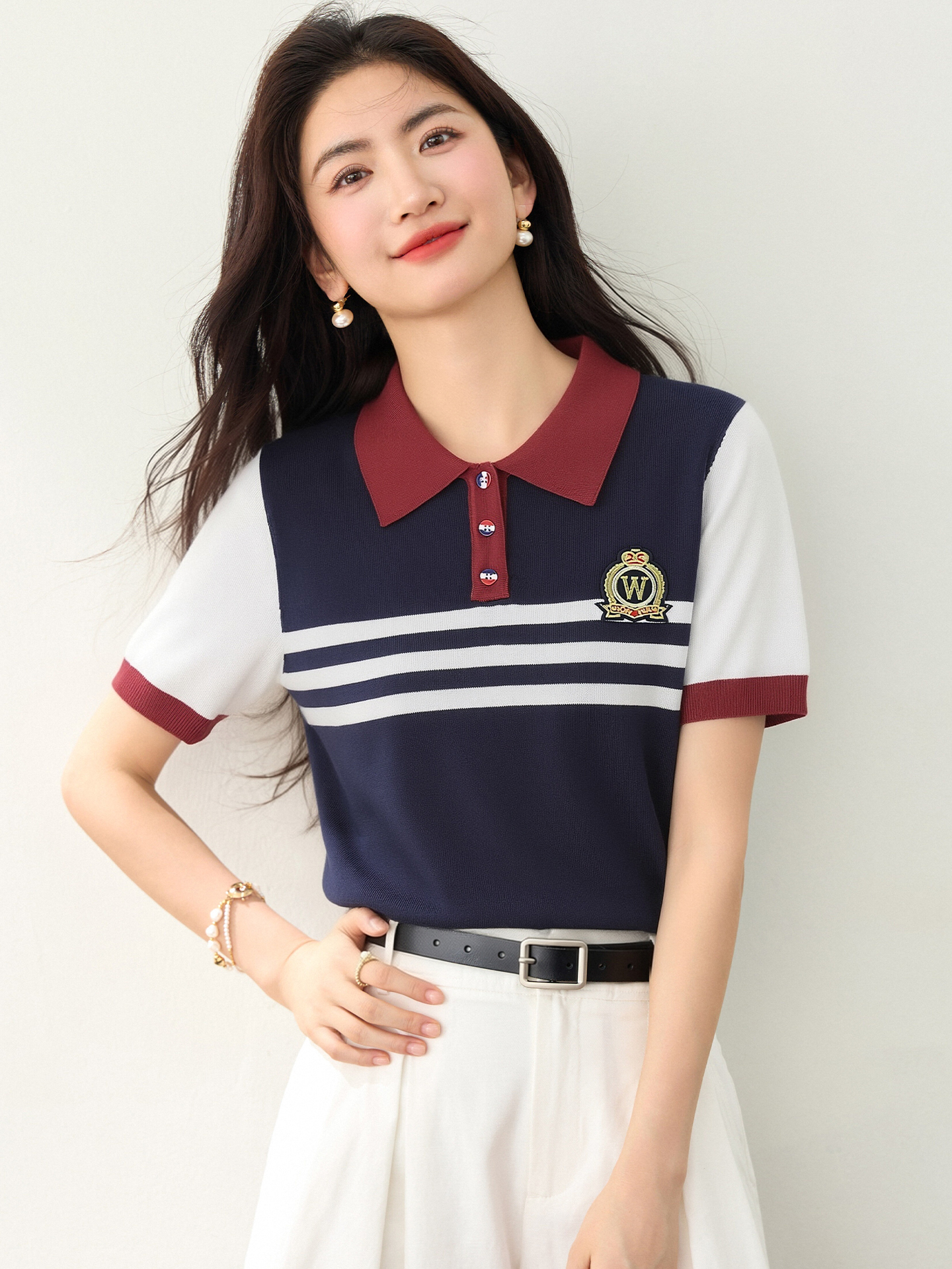 實拍◆有◆2026條紋撞色拼接短袖T恤女新款針織假兩件Polo領上衣