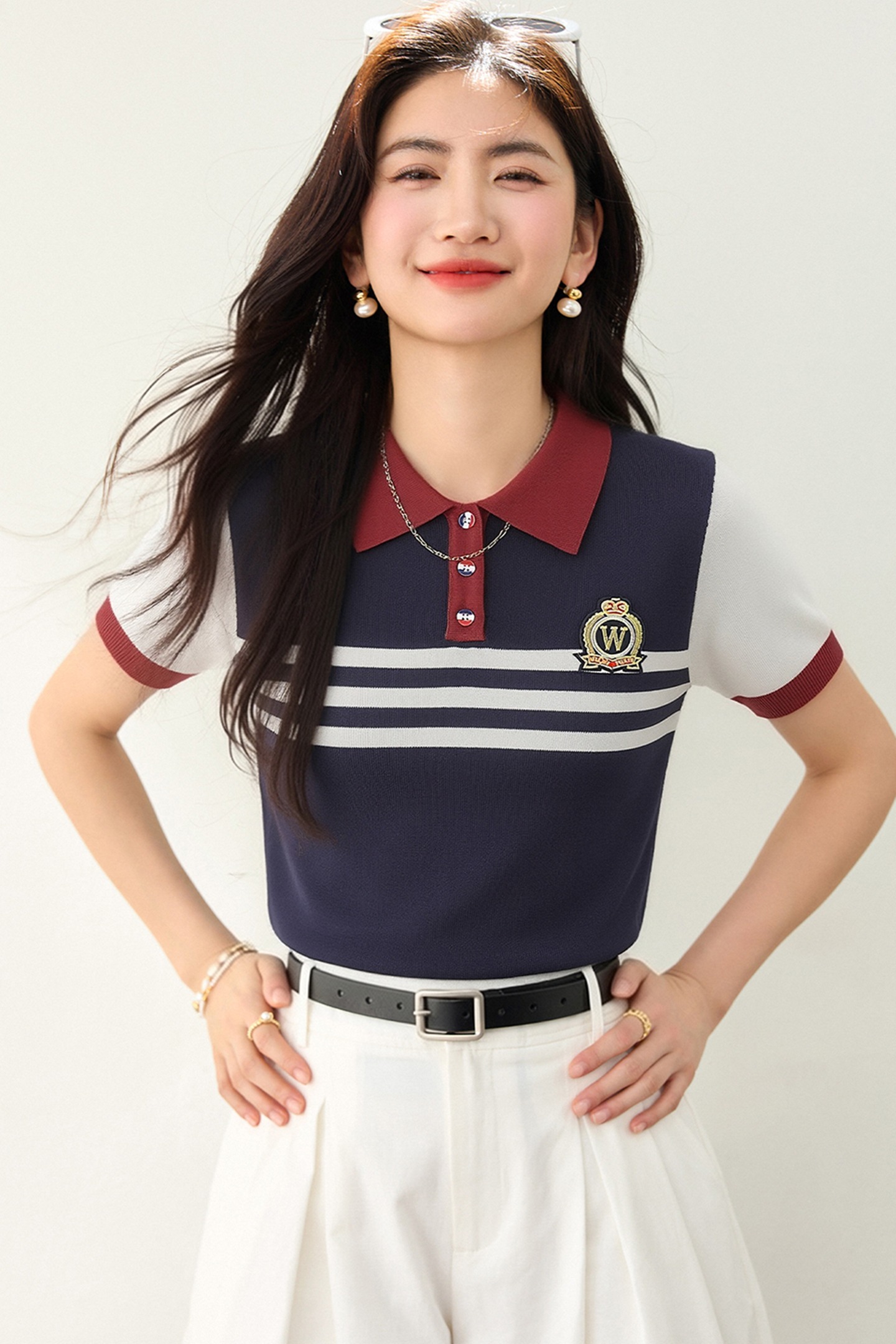 實拍◆有◆2026條紋撞色拼接短袖T恤女新款針織假兩件Polo領上衣