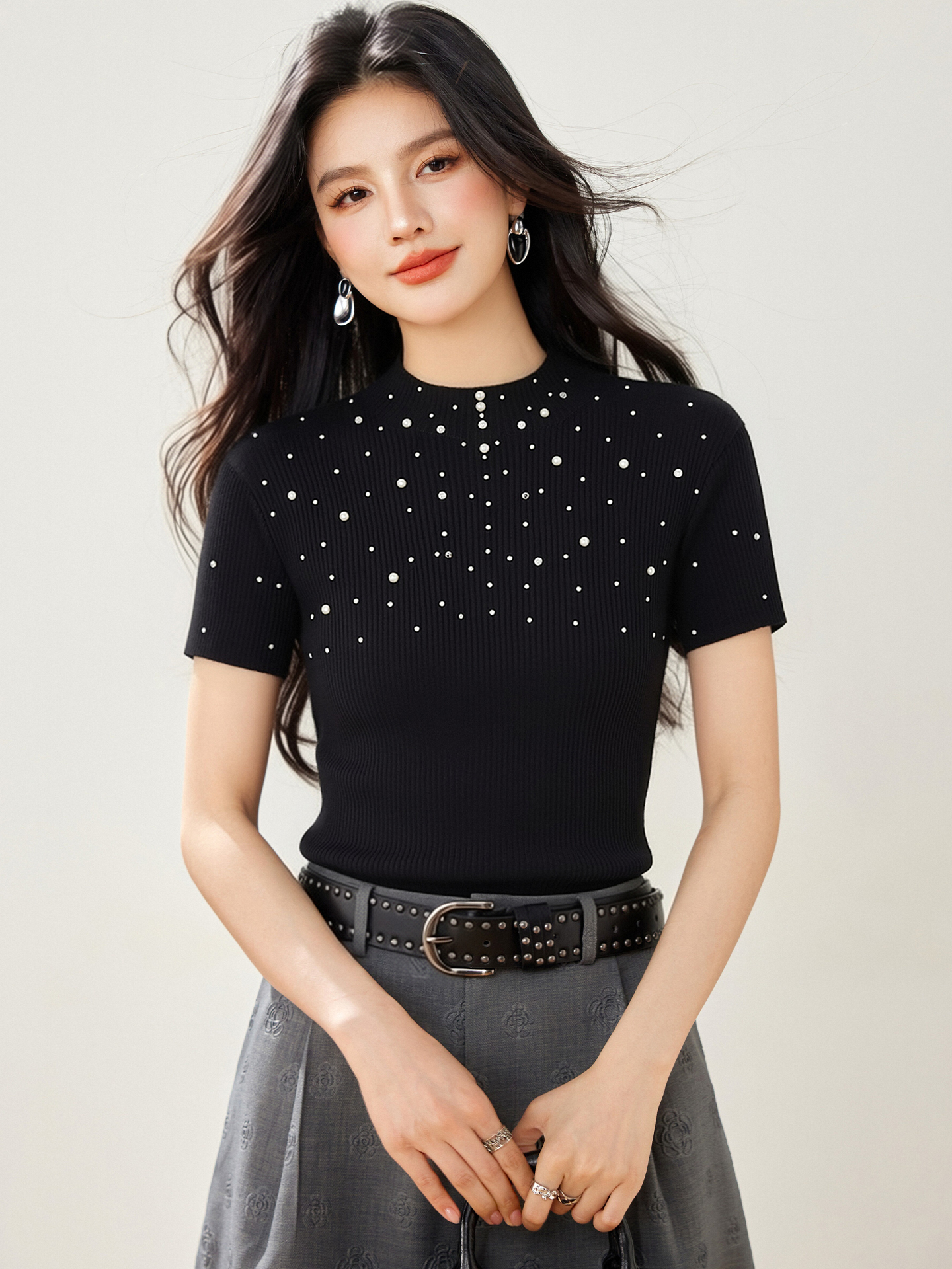 實拍◆有◆2026韓版重工立體小珍珠針織短袖女設計感顯瘦短袖上衣