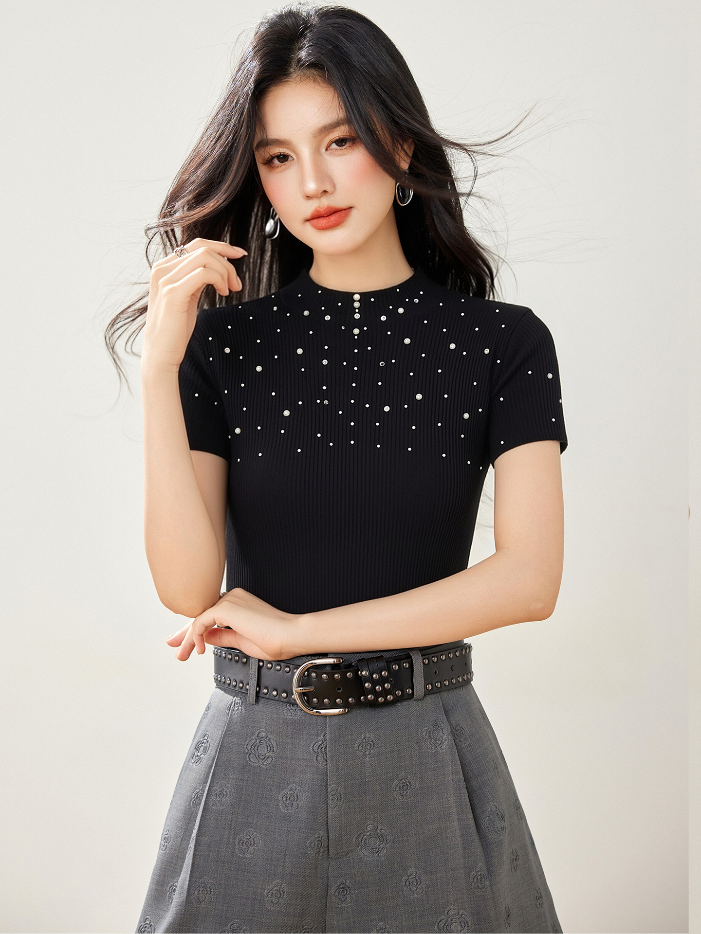 實拍◆有◆2026韓版重工立體小珍珠針織短袖女設計感顯瘦短袖上衣