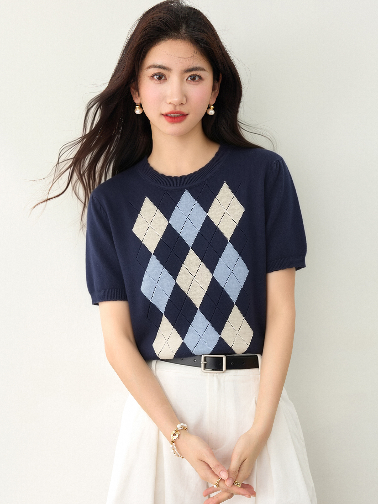 實拍◆有◆2026韓系菱形格紋短袖女夏新款寬松顯瘦打底套頭上衣