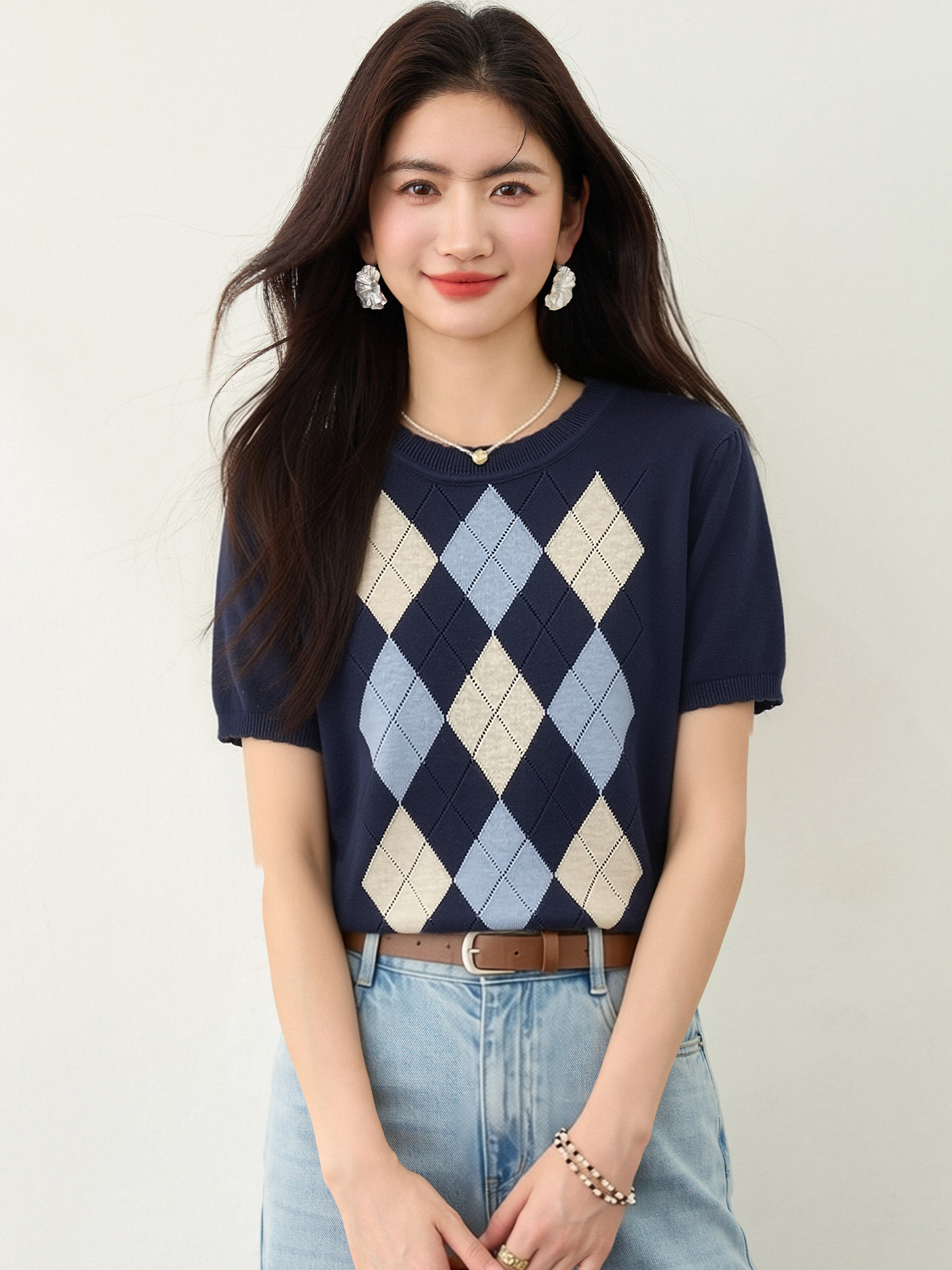 實拍◆有◆2026韓系菱形格紋短袖女夏新款寬松顯瘦打底套頭上衣
