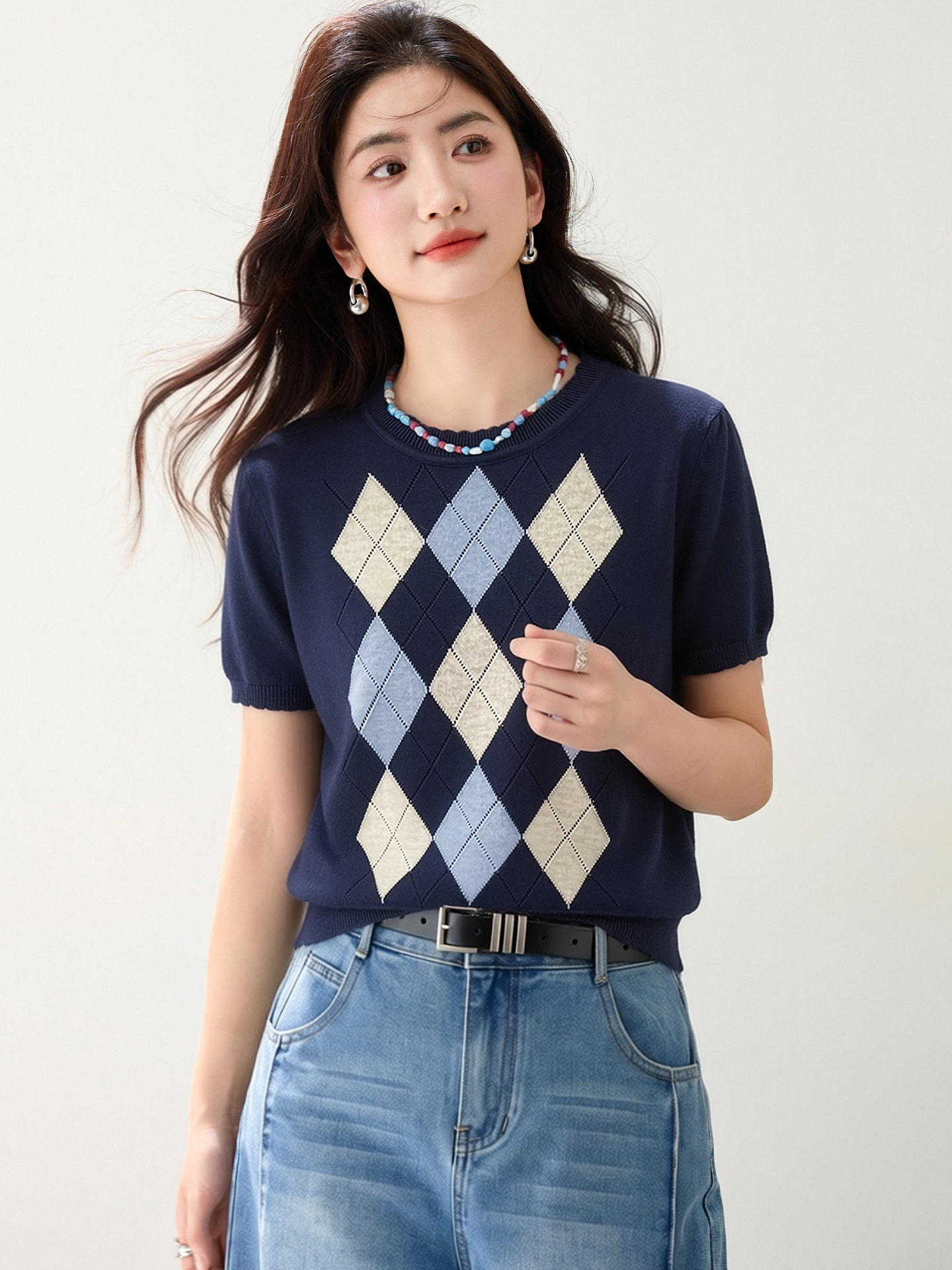 實拍◆有◆2026韓系菱形格紋短袖女夏新款寬松顯瘦打底套頭上衣