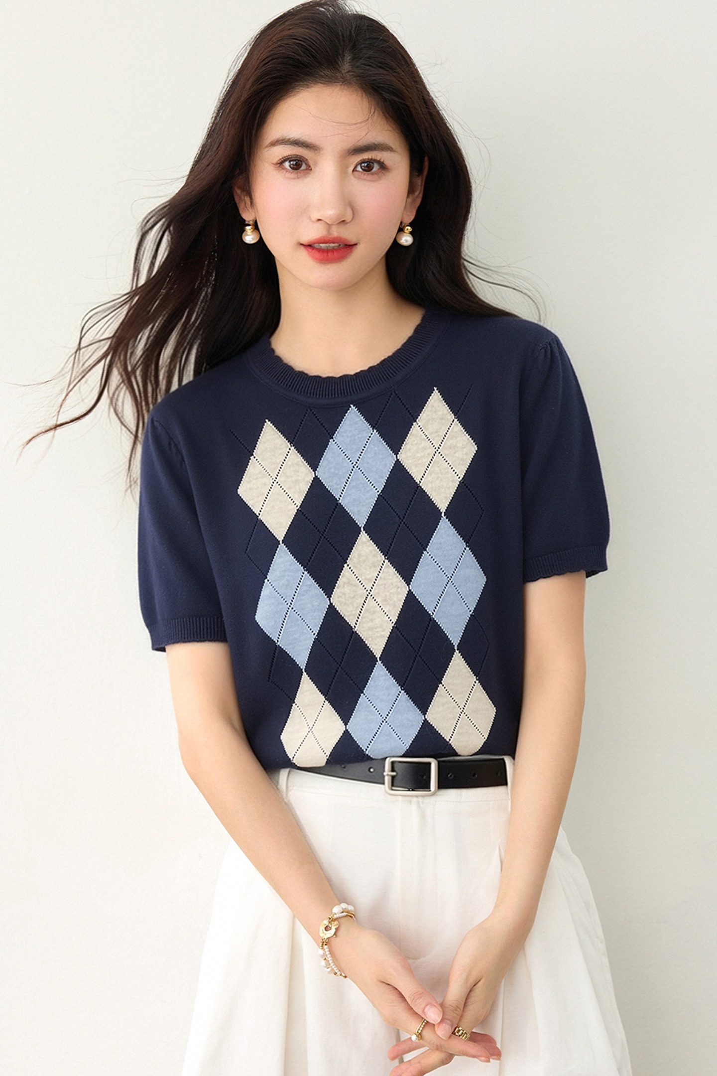 實拍◆有◆2026韓系菱形格紋短袖女夏新款寬松顯瘦打底套頭上衣