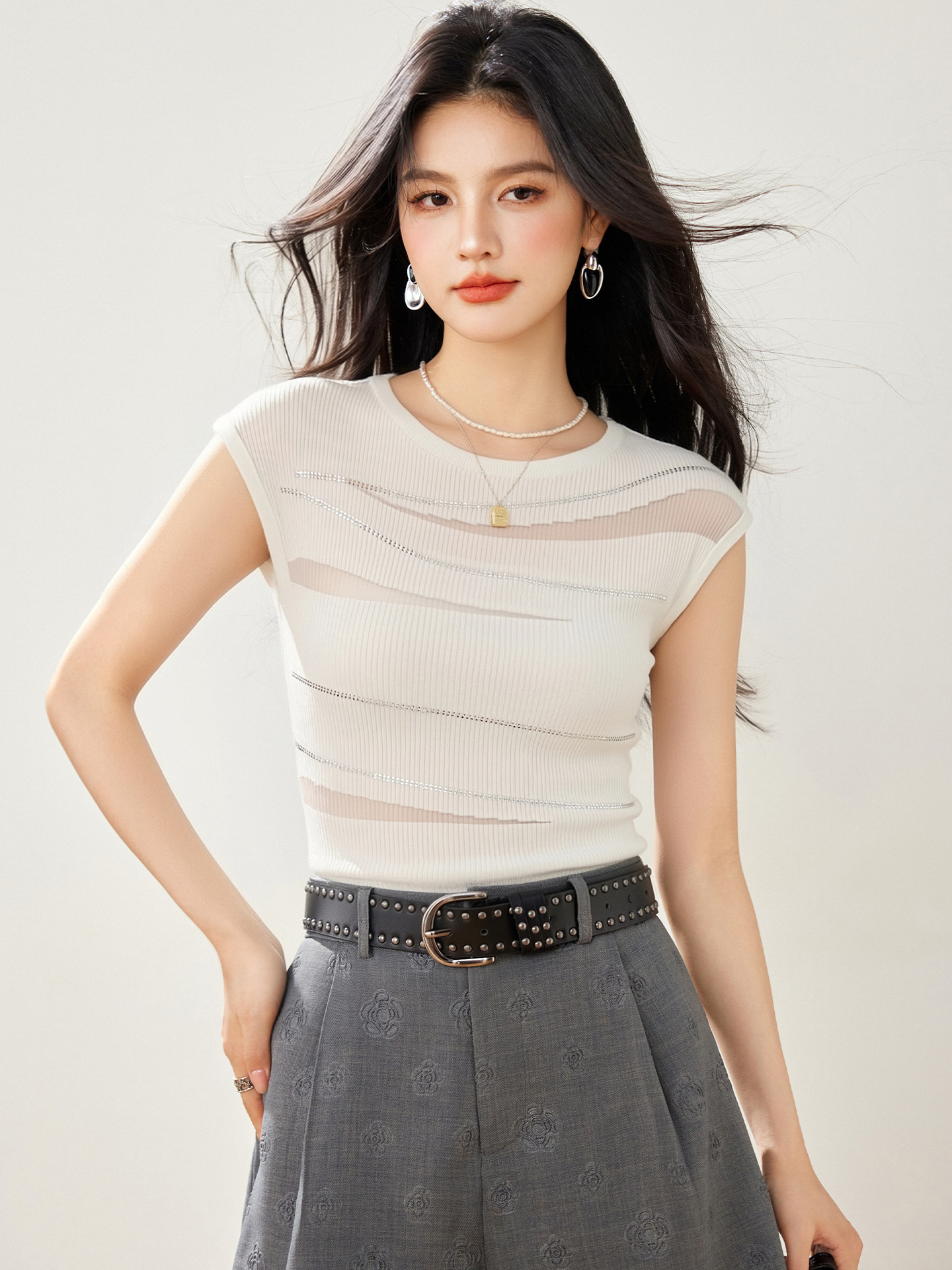 實拍◆有◆2026辣妹重工燙鉆針織短袖T恤女新款修身設計感上衣