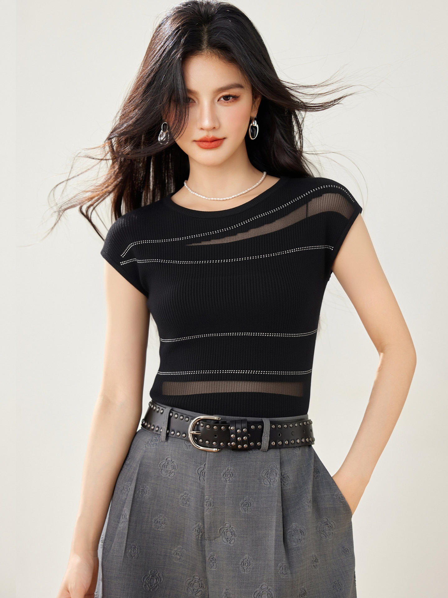 實拍◆有◆2026辣妹重工燙鉆針織短袖T恤女新款修身設計感上衣