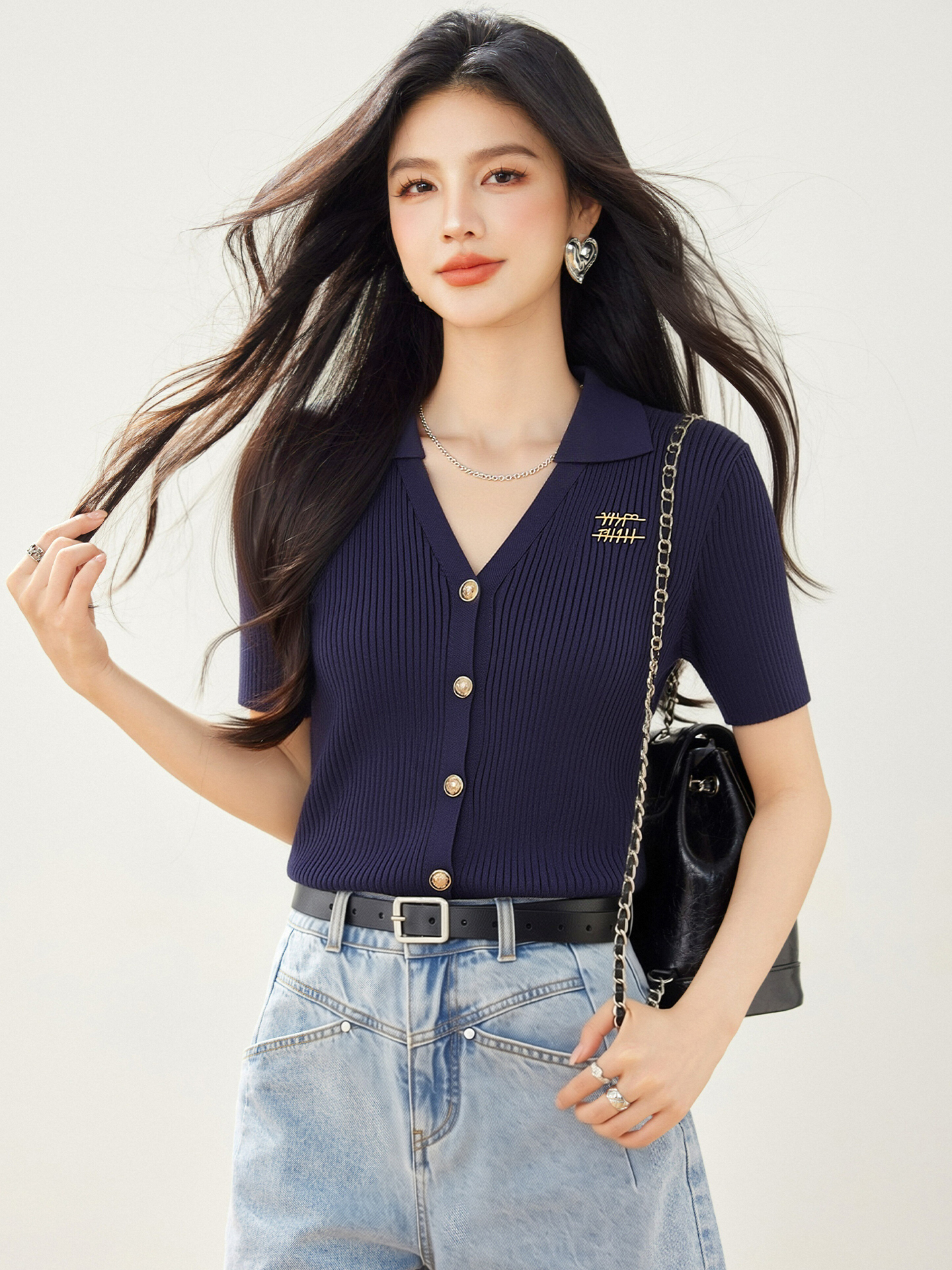 實拍◆有◆2026法式V領針織短袖T恤女夏季修身顯瘦氣質減齡上衣