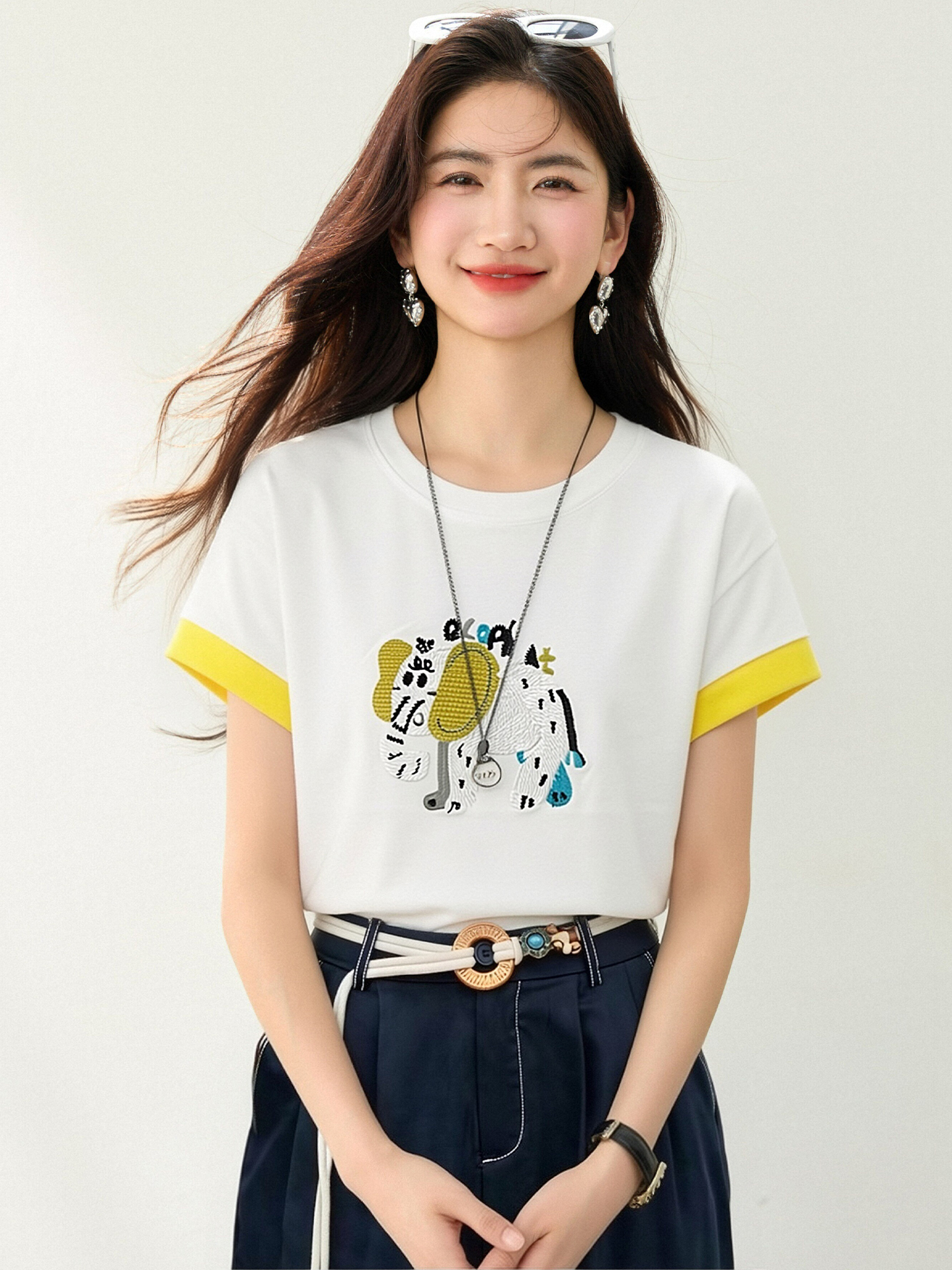 實拍◆有◆2026韓系刺繡拼色短袖針織衫女夏季新款時尚洋氣上衣