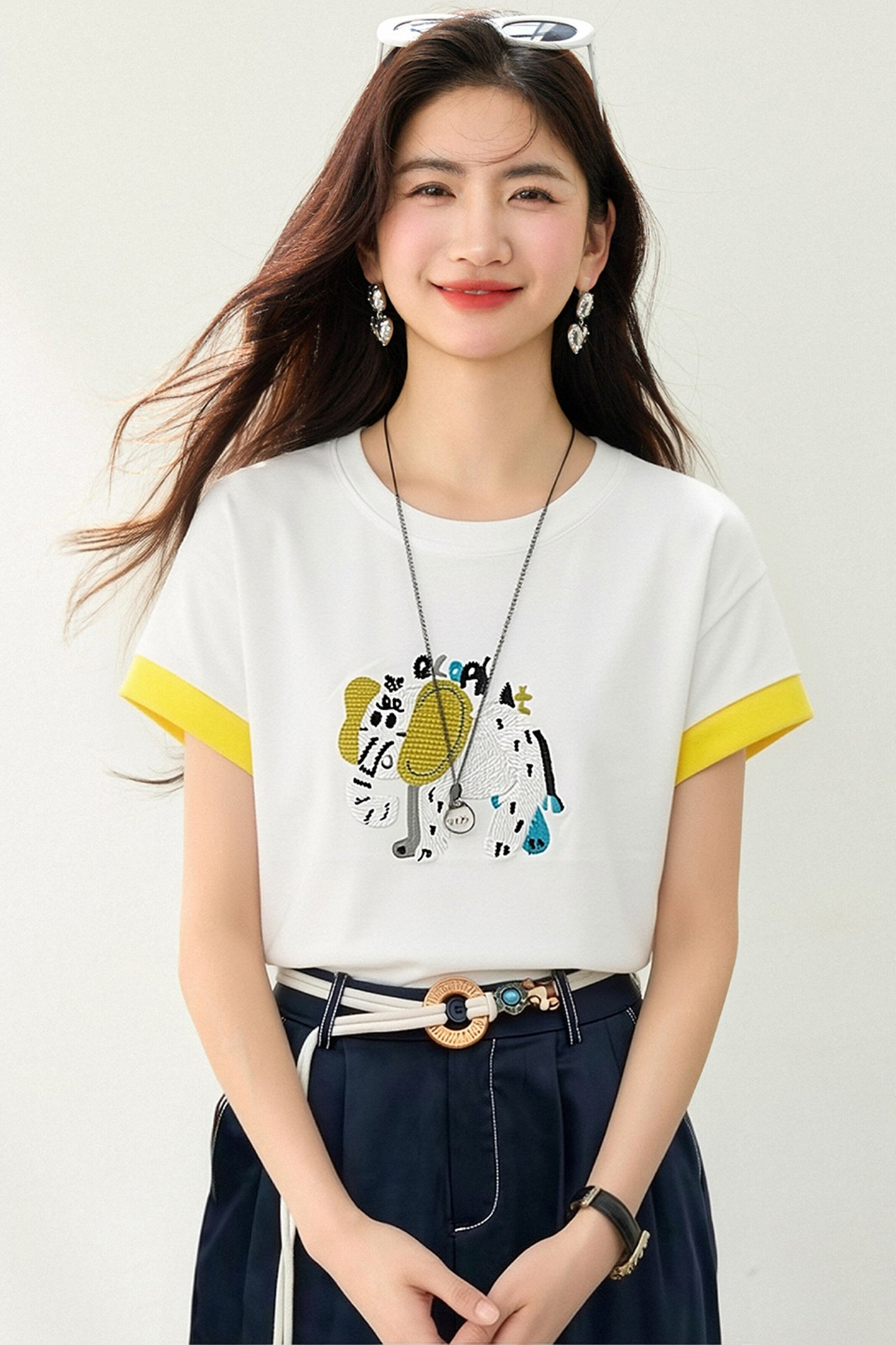 實拍◆有◆2026韓系刺繡拼色短袖針織衫女夏季新款時尚洋氣上衣