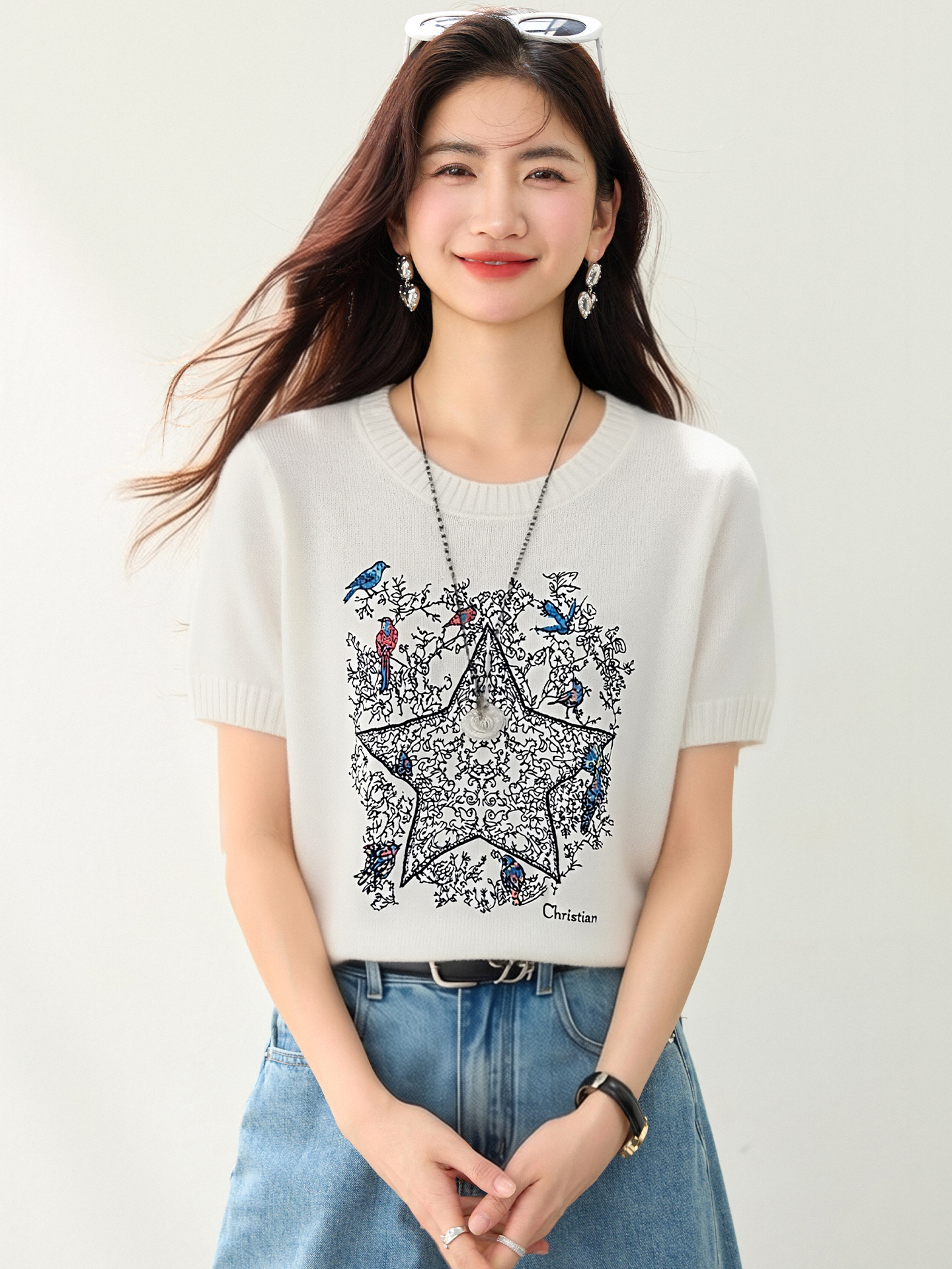 實拍◆有◆2026法式小香風五角星刺繡燙鉆針織短袖女新款百搭上衣