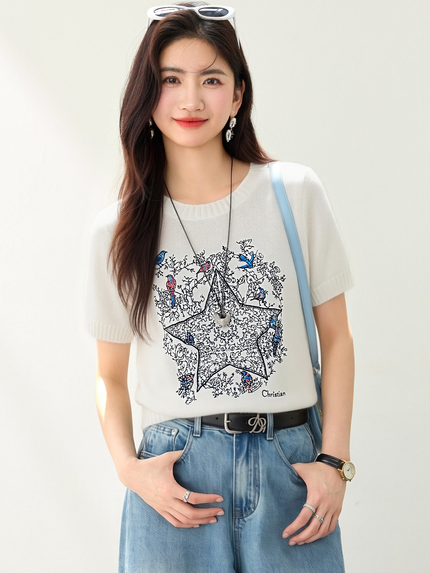 實拍◆有◆2026法式小香風五角星刺繡燙鉆針織短袖女新款百搭上衣