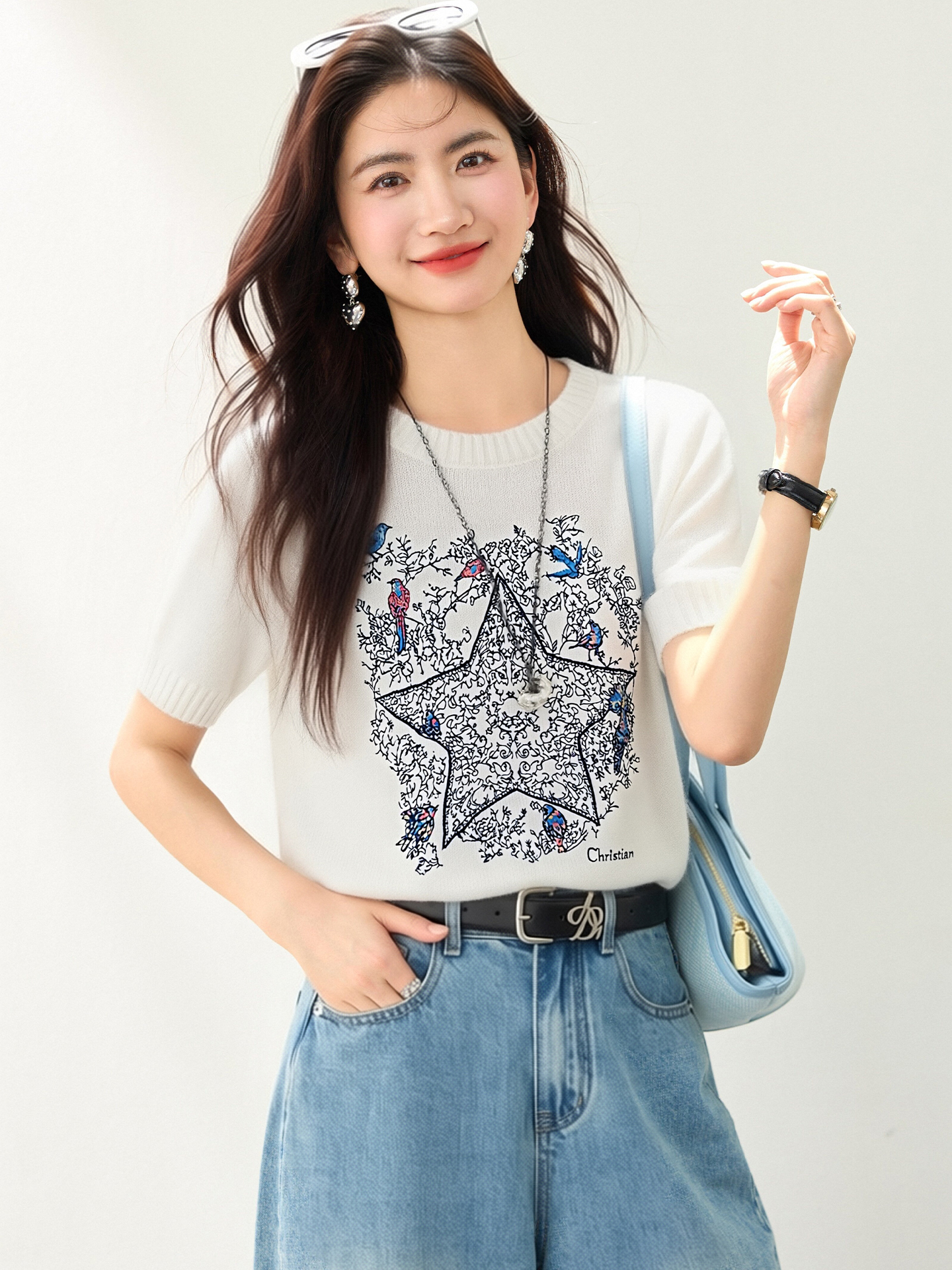 實拍◆有◆2026法式小香風五角星刺繡燙鉆針織短袖女新款百搭上衣