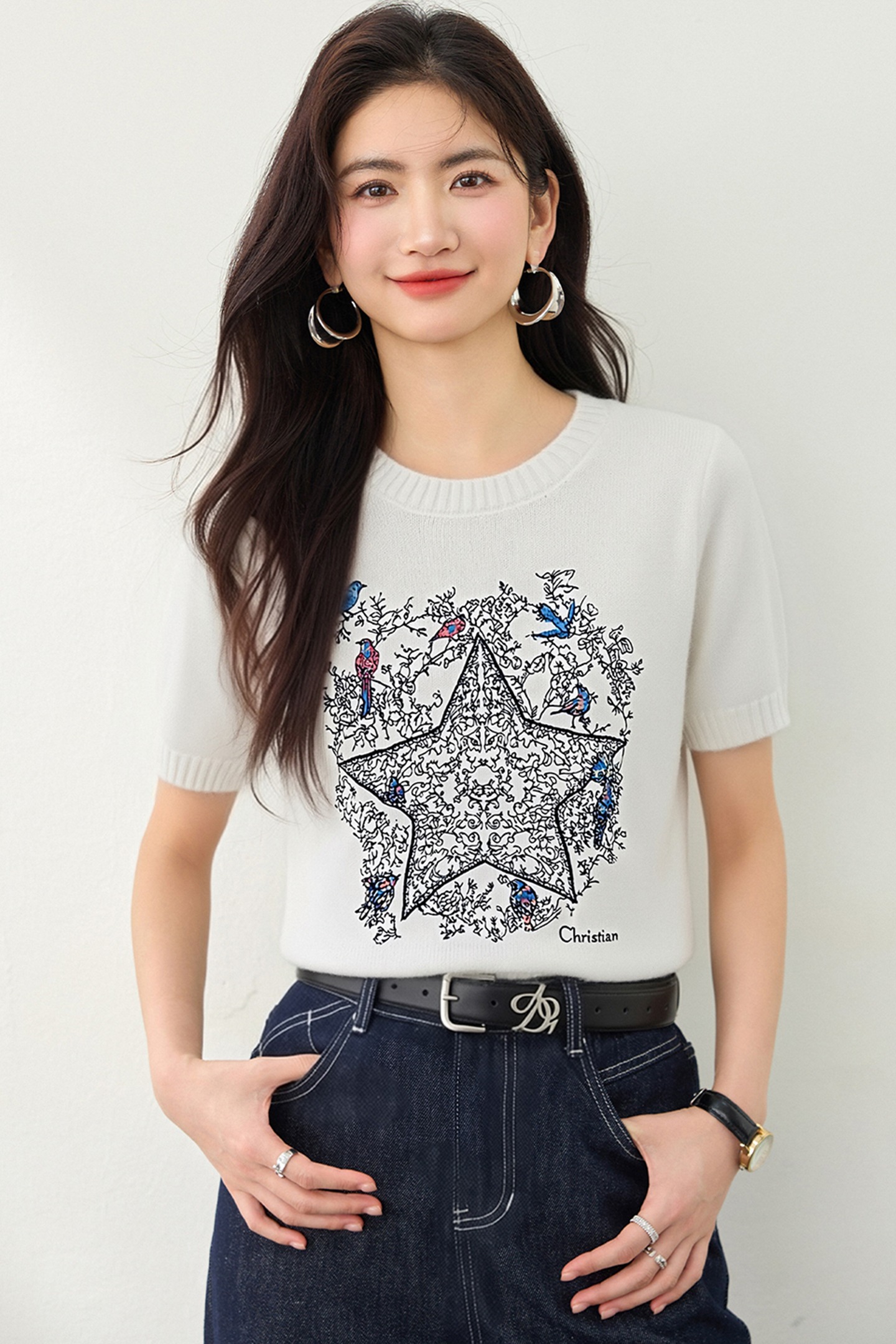 實拍◆有◆2026法式小香風五角星刺繡燙鉆針織短袖女新款百搭上衣