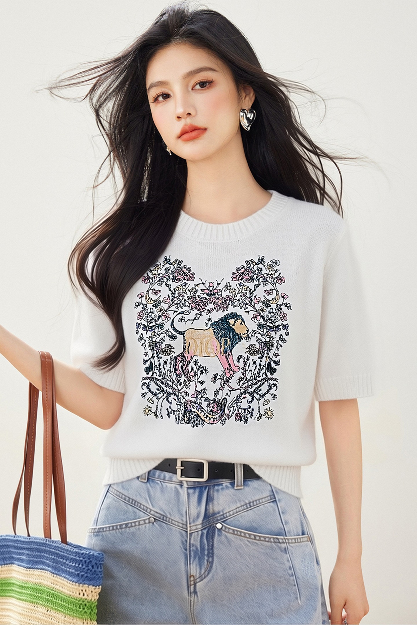 實拍◆有◆2026韓系氣質小香風燙鉆刺繡短袖針織衫毛衣T恤女短款