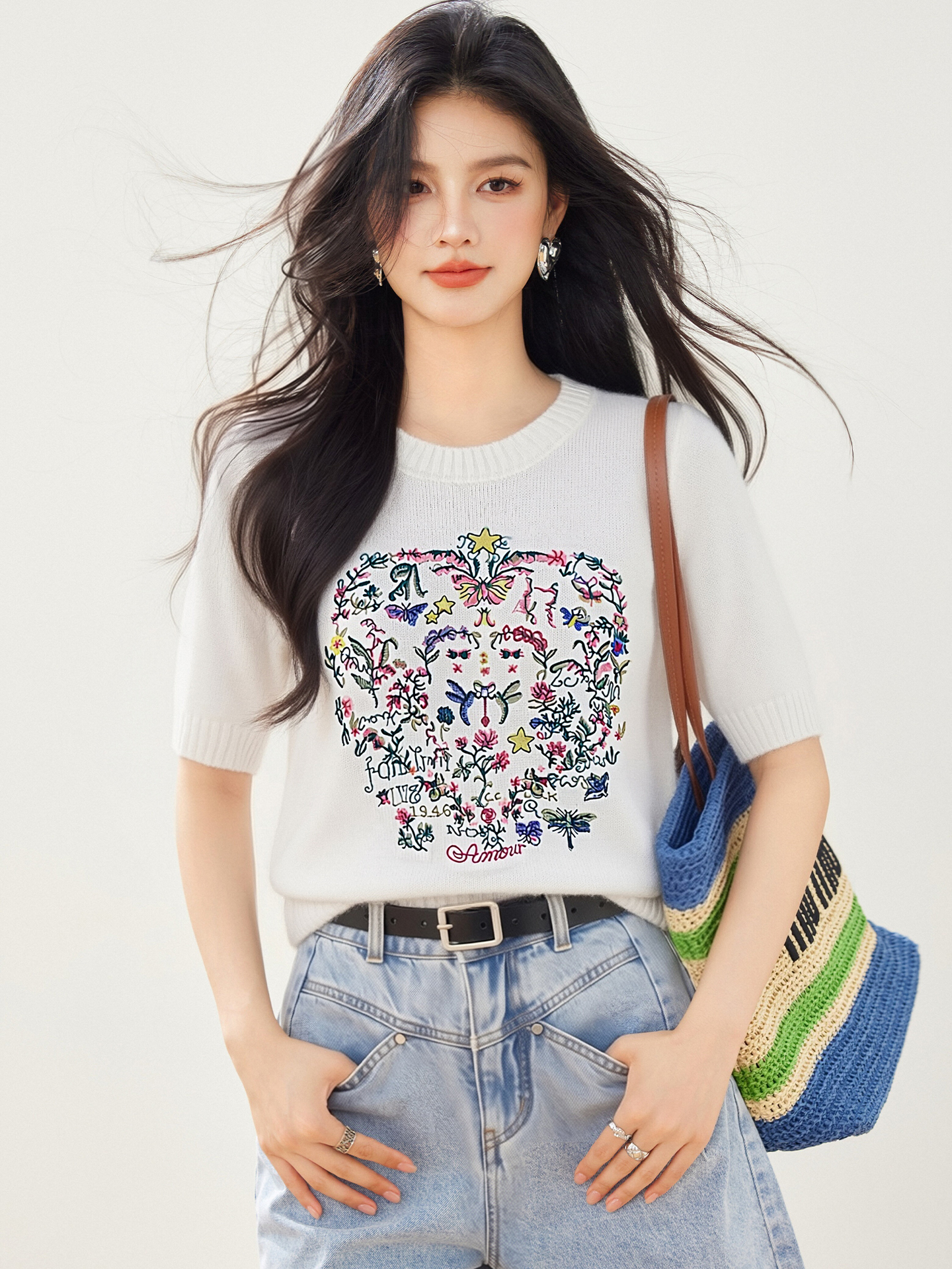 實拍◆有◆2026重工復古刺繡短袖針織衫女新款夏季高級感正肩顯瘦