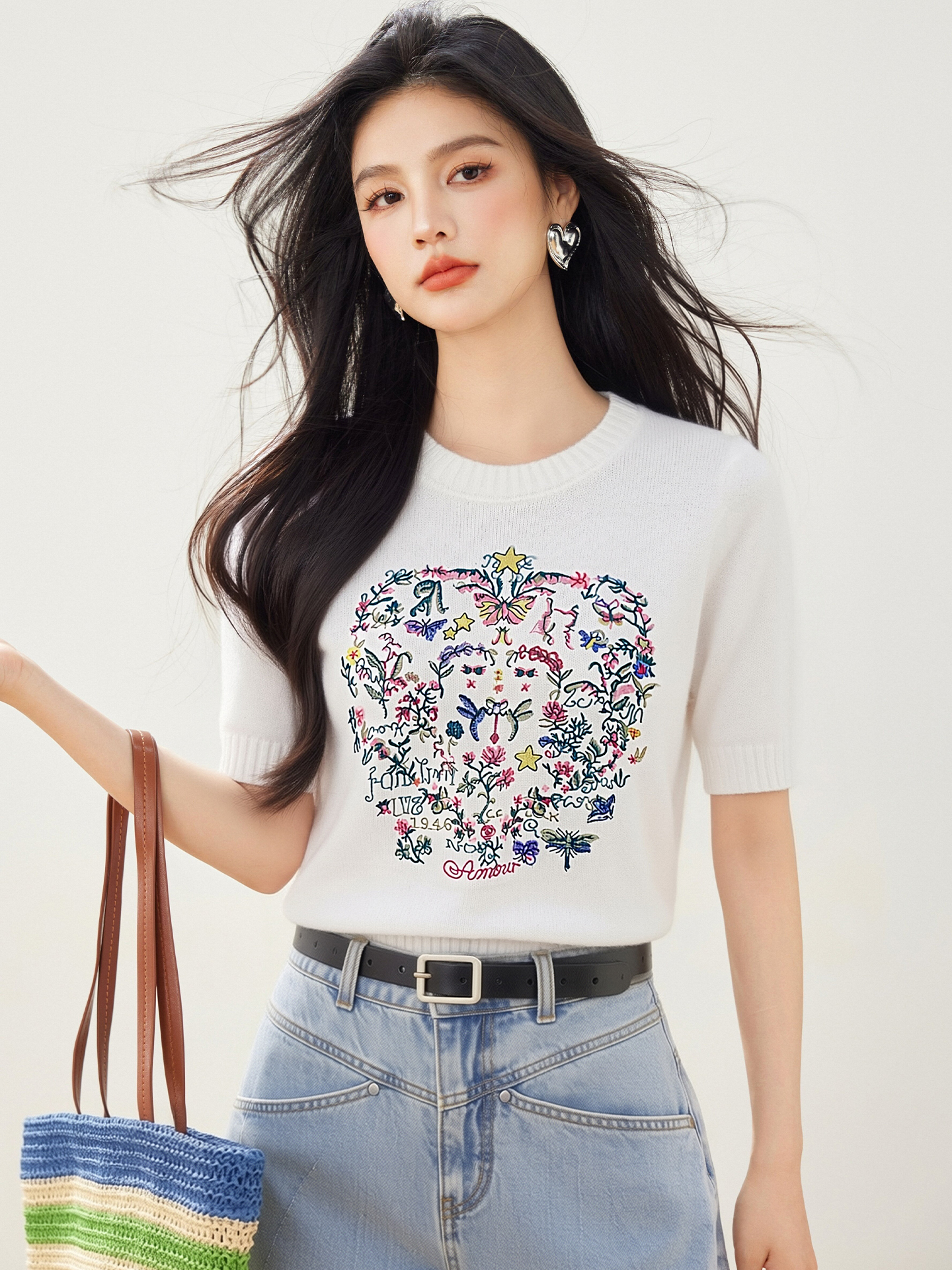 實拍◆有◆2026重工復古刺繡短袖針織衫女新款夏季高級感正肩顯瘦