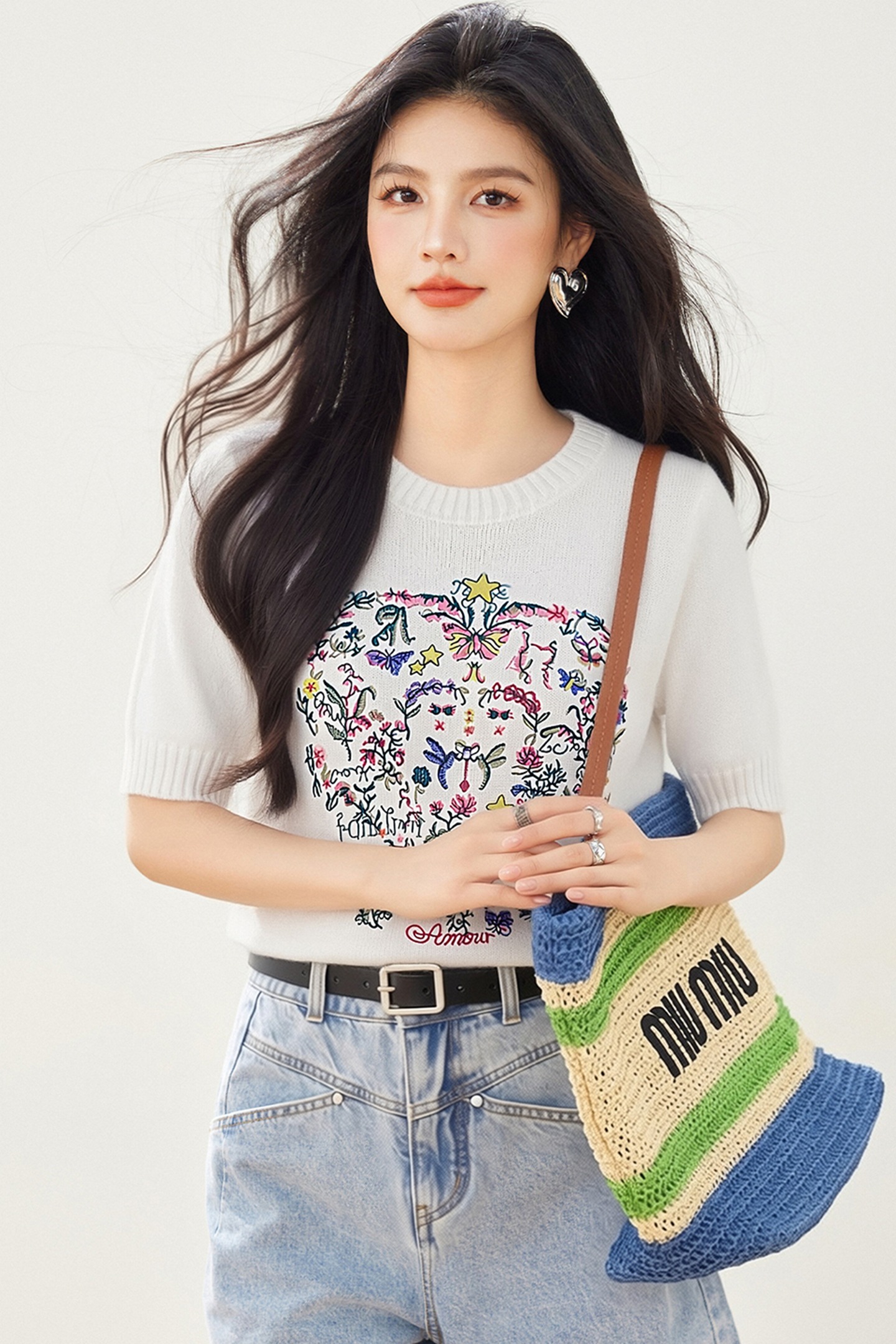 實拍◆有◆2026重工復古刺繡短袖針織衫女新款夏季高級感正肩顯瘦