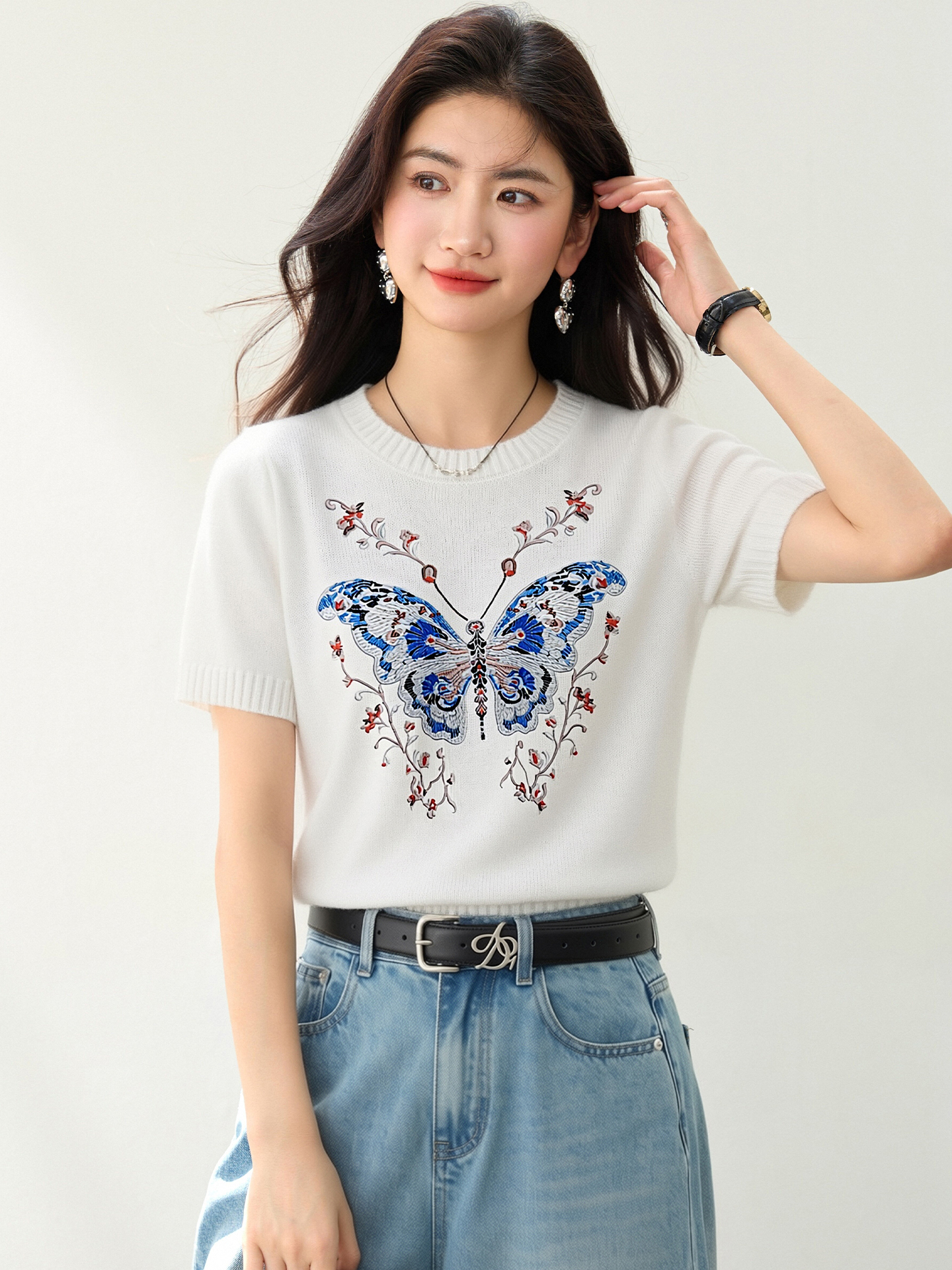 實拍◆有◆2026夏季重工蝴蝶刺繡圓領套頭短袖針織顯瘦百搭上衣