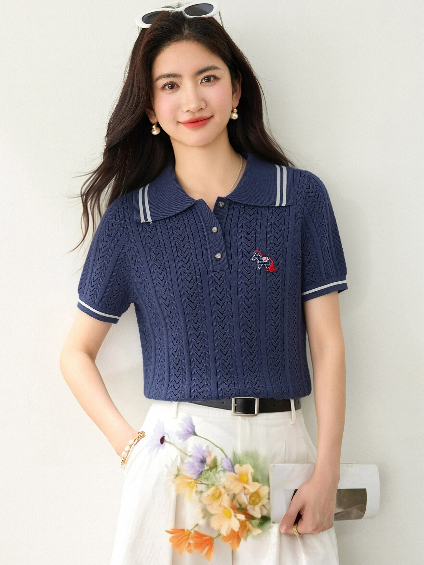 實拍◆有◆2026韓系學院風polo領小馬刺繡針織衫減齡鉤花短袖上衣