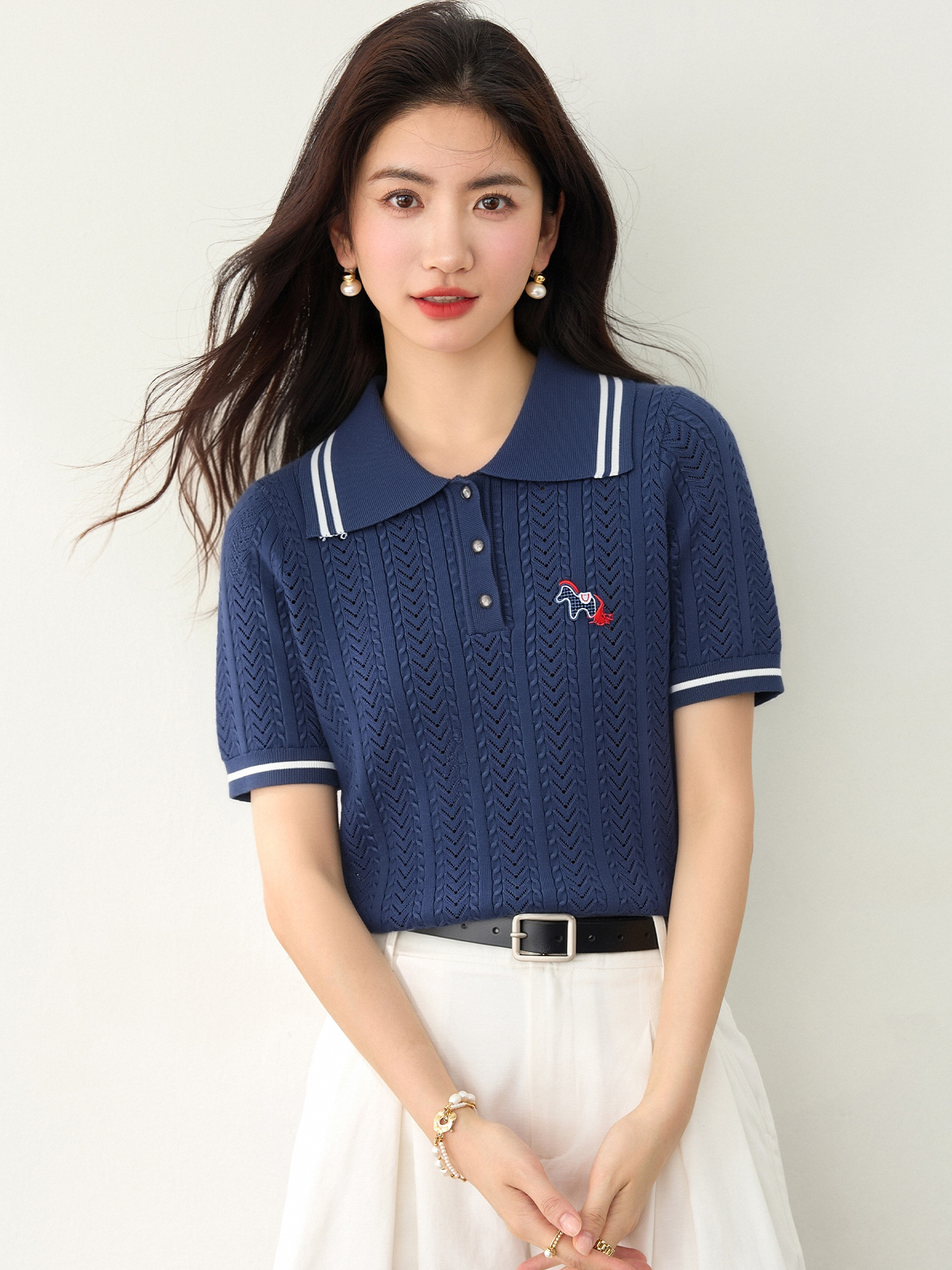 實拍◆有◆2026韓系學院風polo領小馬刺繡針織衫減齡鉤花短袖上衣