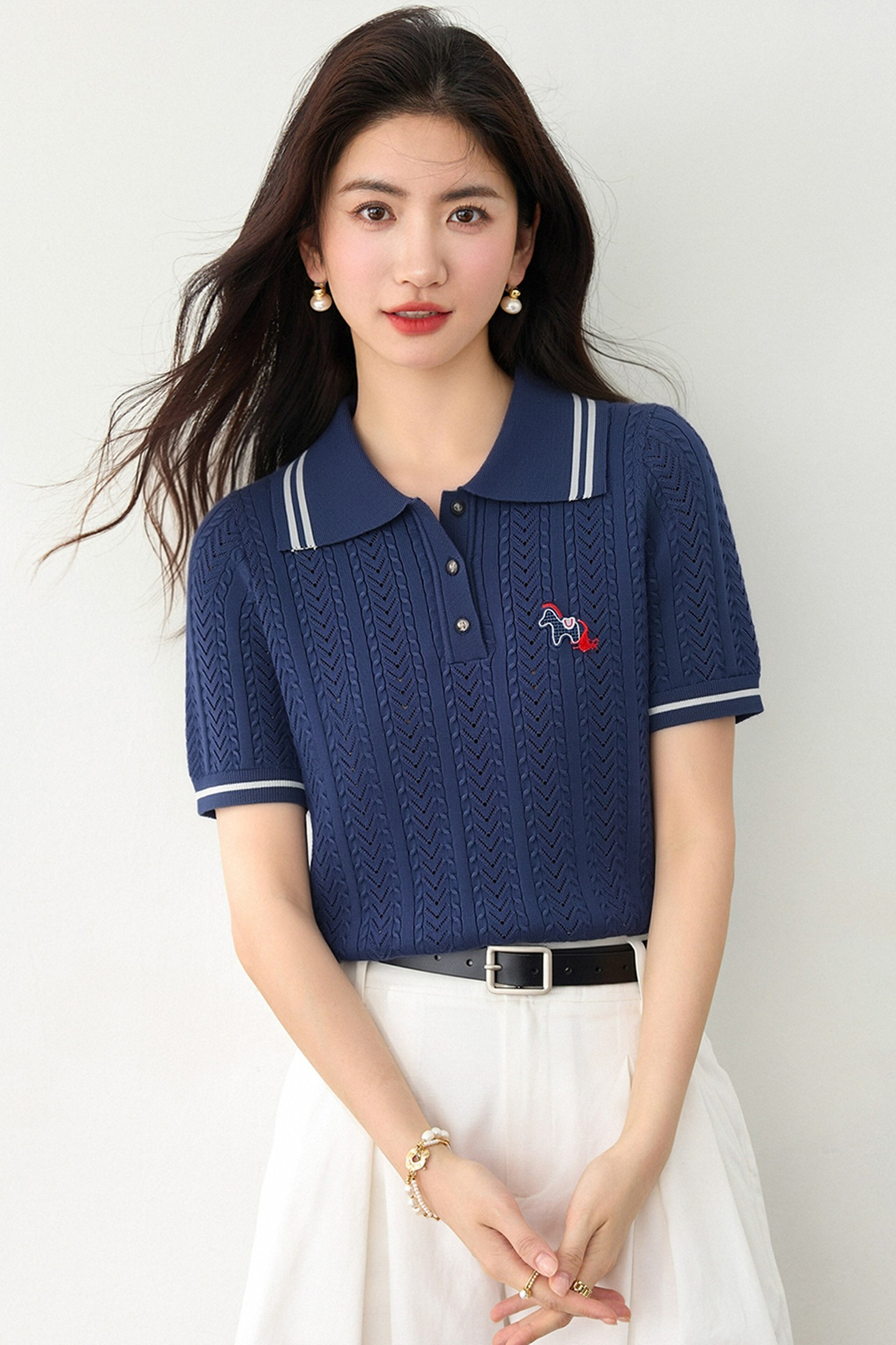 實拍◆有◆2026韓系學院風polo領小馬刺繡針織衫減齡鉤花短袖上衣