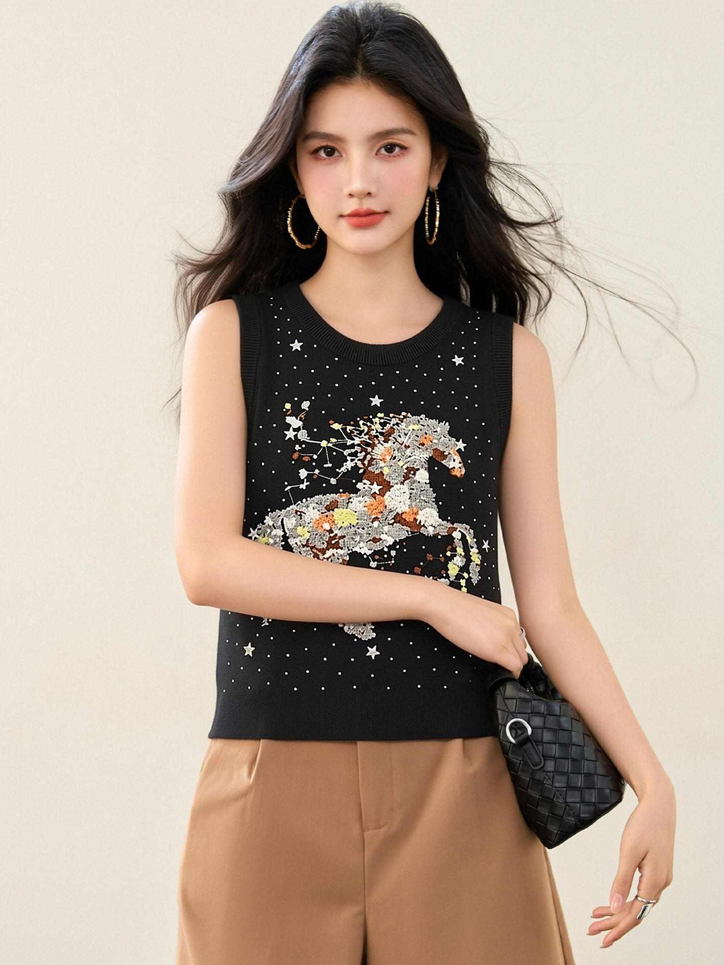 實拍◆有◆2026法式重工刺繡無袖背心女圓領設計感彈力修身上衣