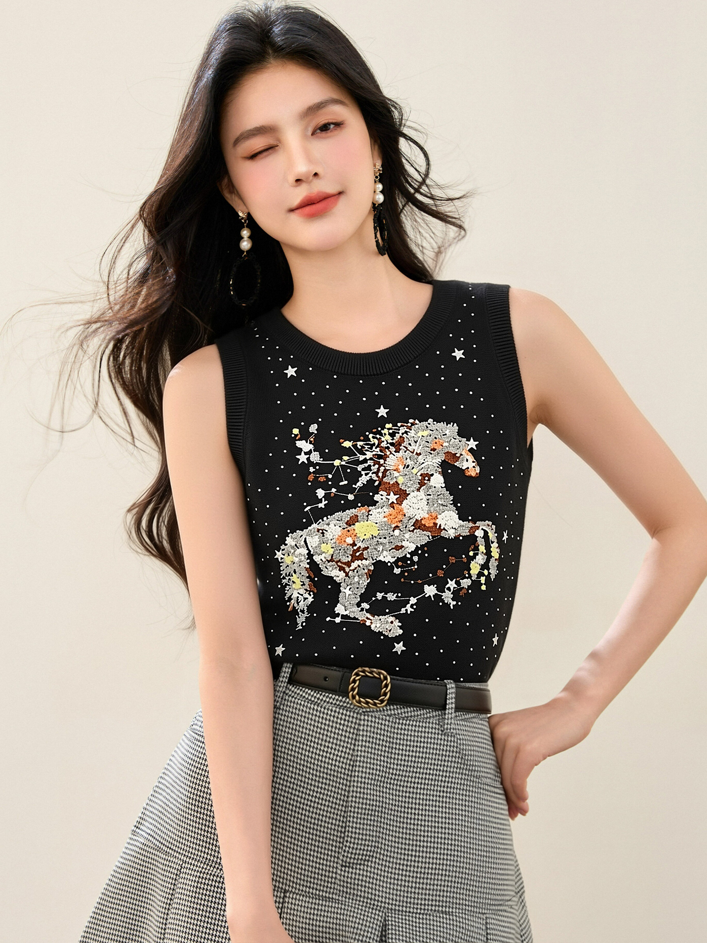 實拍◆有◆2026法式重工刺繡無袖背心女圓領設計感彈力修身上衣