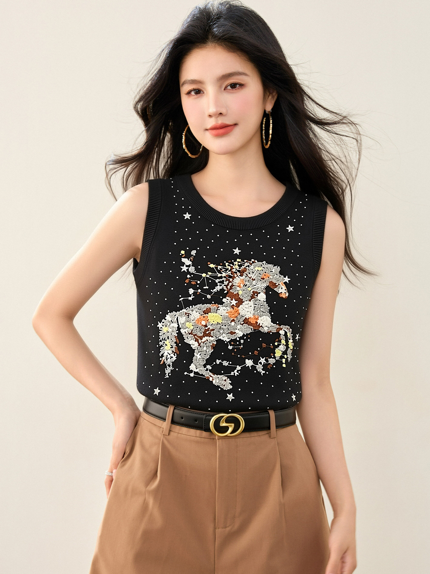實拍◆有◆2026法式重工刺繡無袖背心女圓領設計感彈力修身上衣