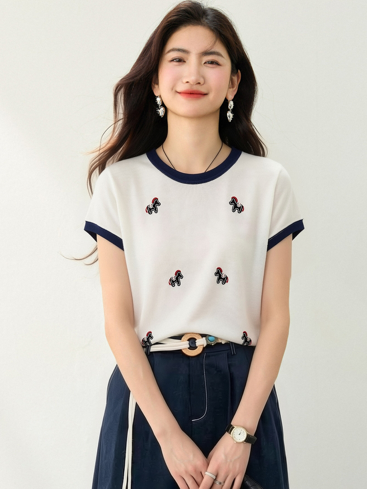 實拍◆有◆2026夏季新款撞色邊卡通刺繡減齡休閑短袖針織衫潮