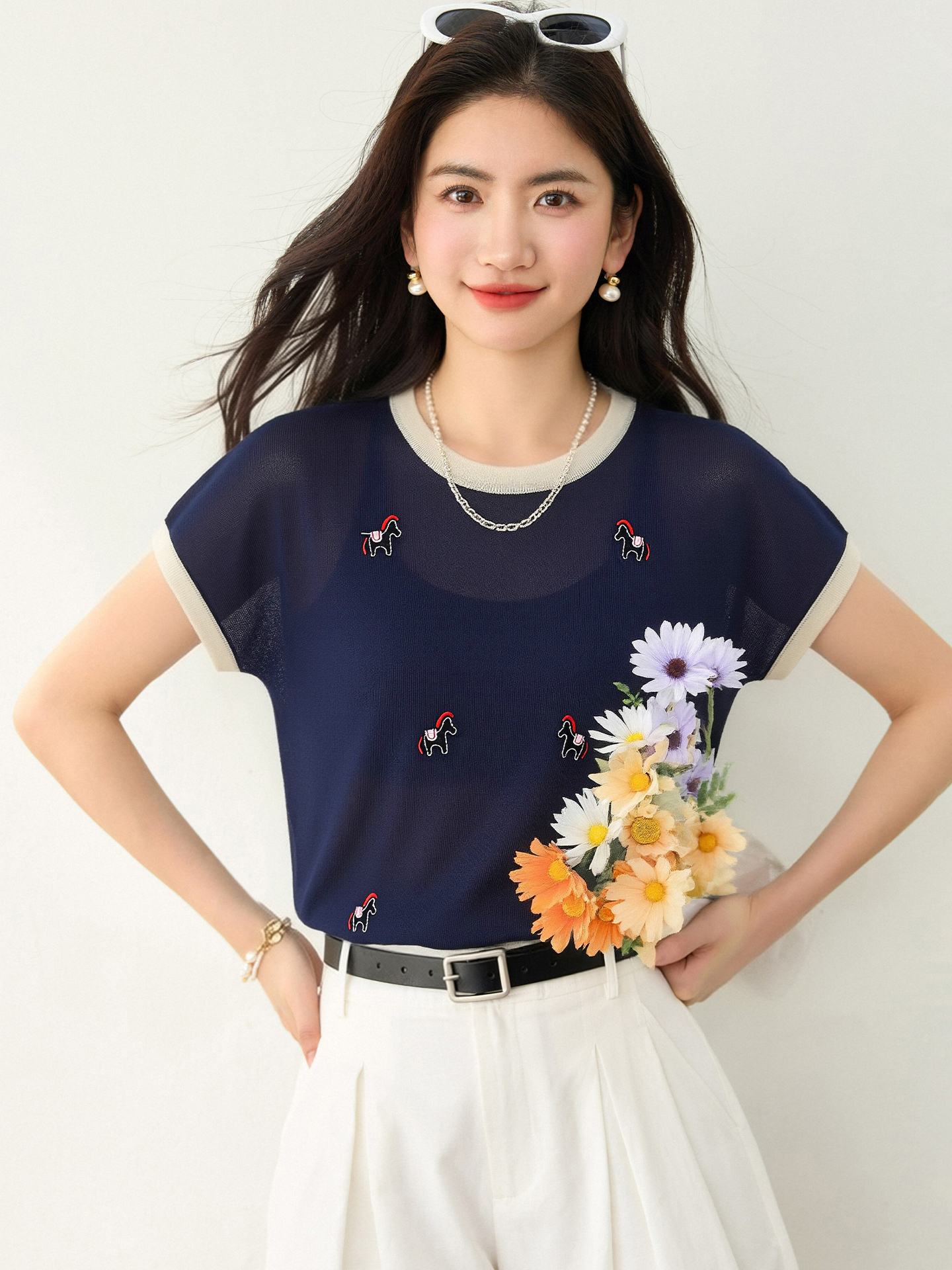 實拍◆有◆2026夏季新款撞色邊卡通刺繡減齡休閑短袖針織衫潮
