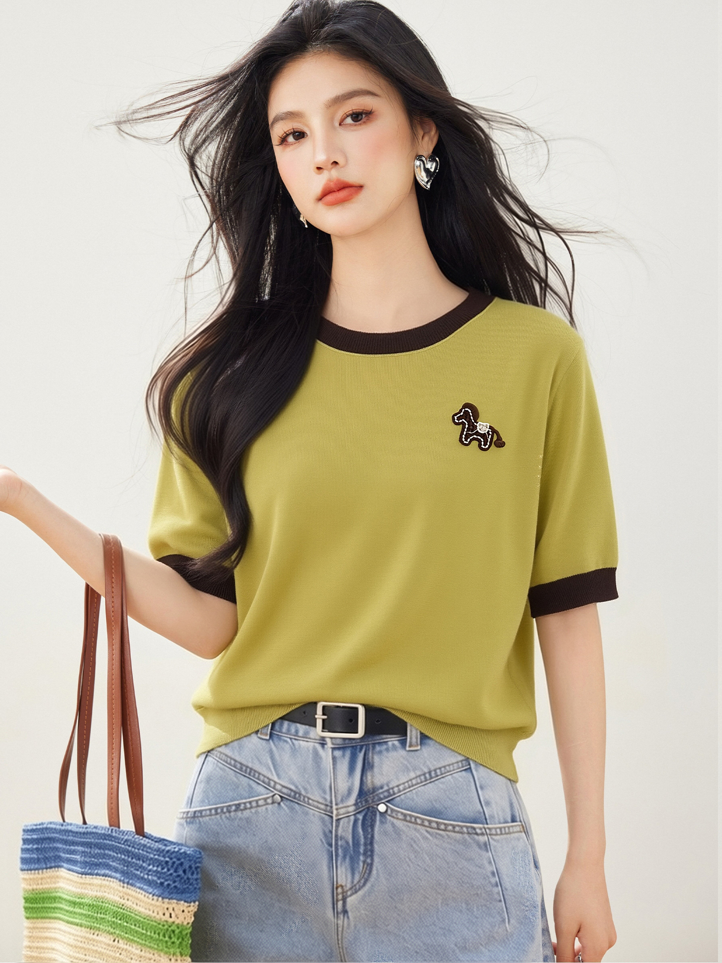 實拍◆有◆2026韓系撞色圓領刺繡小馬短袖女新款百搭顯瘦上衣T恤