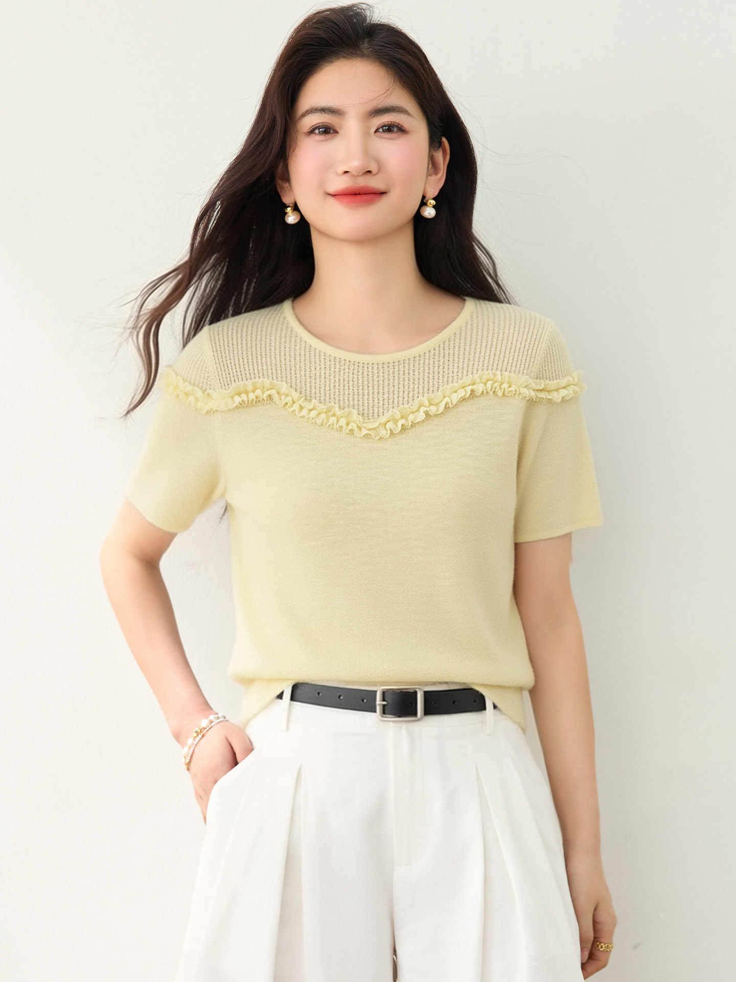 實拍◆有◆2026韓系甜美風夏季新款圓領拼木耳花邊純色百搭短袖針