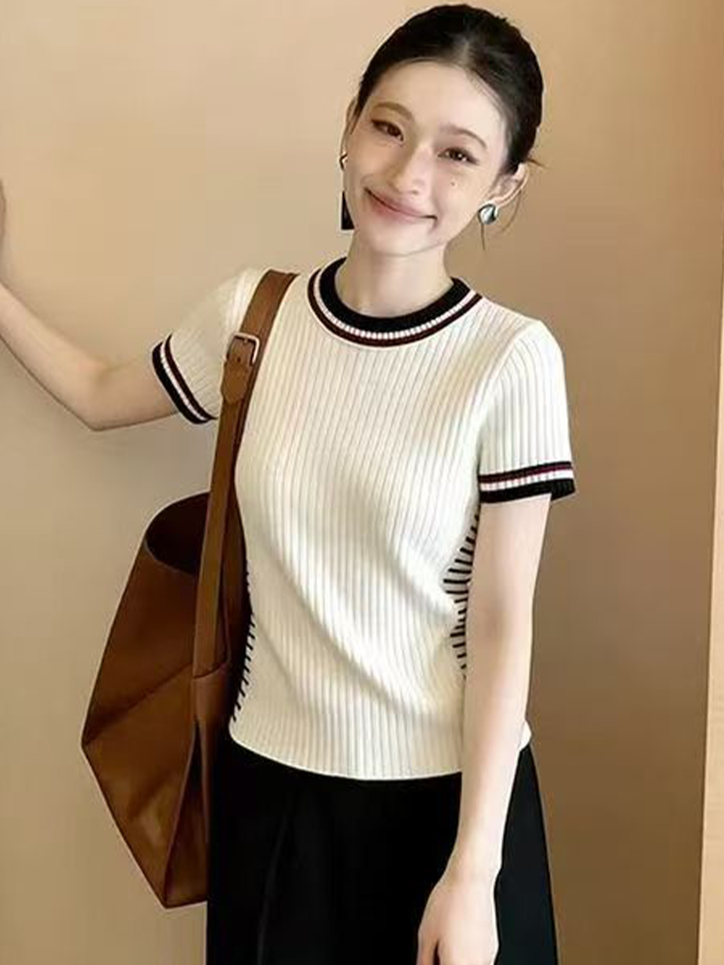 韓系撞色條紋針織正肩短袖T恤女夏季獨特漂亮巨好看修身短款上衣