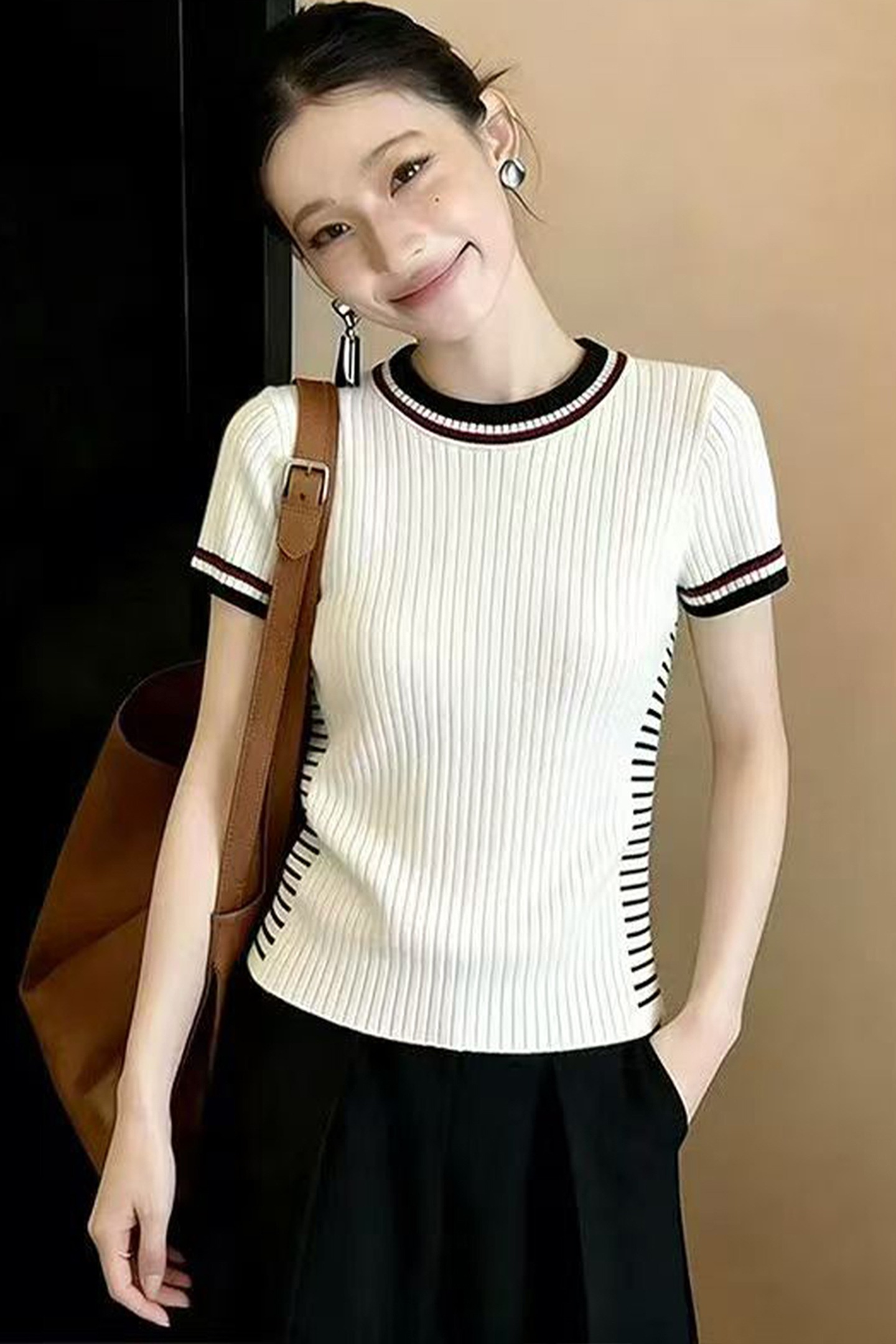韓系撞色條紋針織正肩短袖T恤女夏季獨特漂亮巨好看修身短款上衣