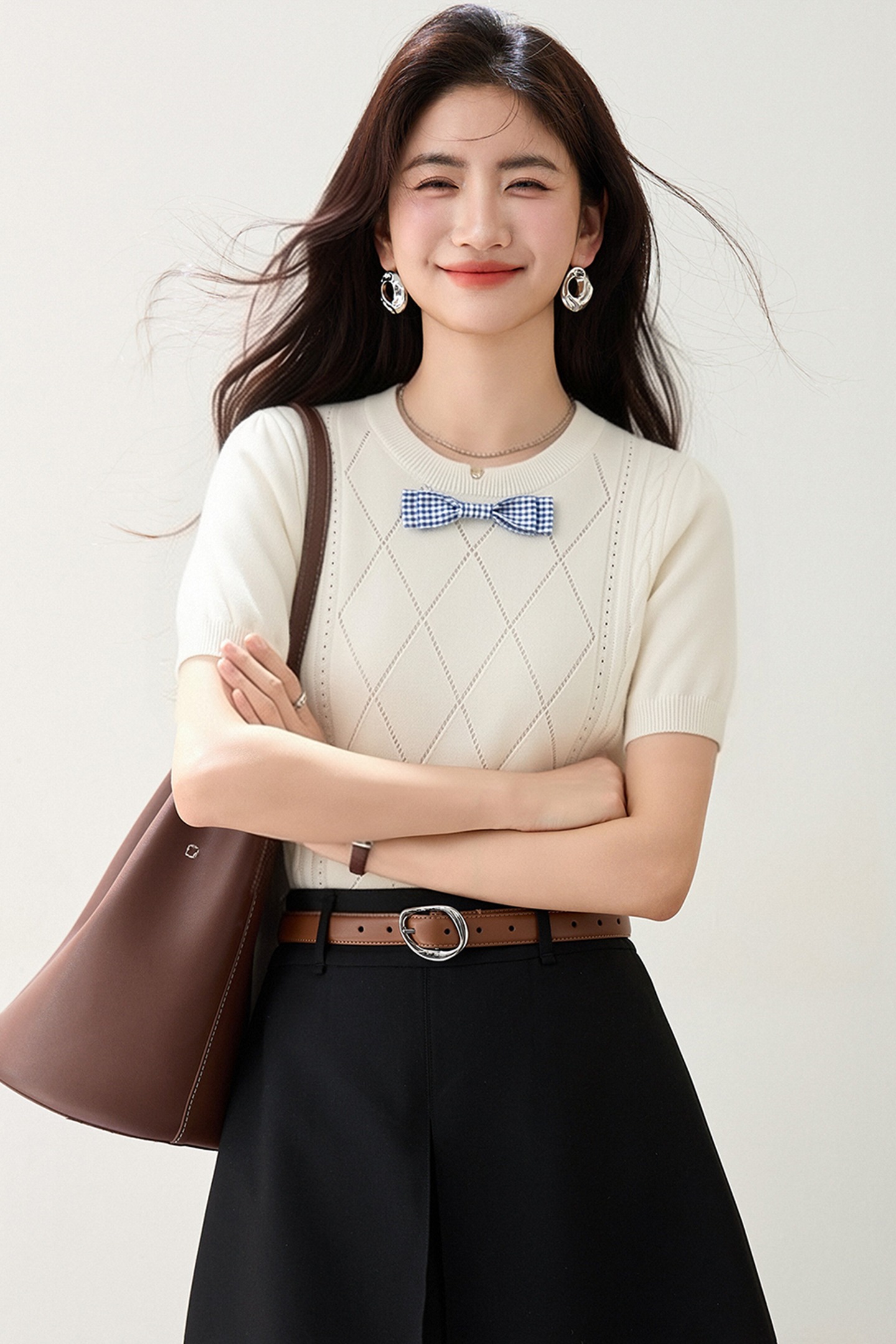 實拍◆有◆2026法式蝴蝶結針織正肩短袖女夏日新款修身小眾短上衣