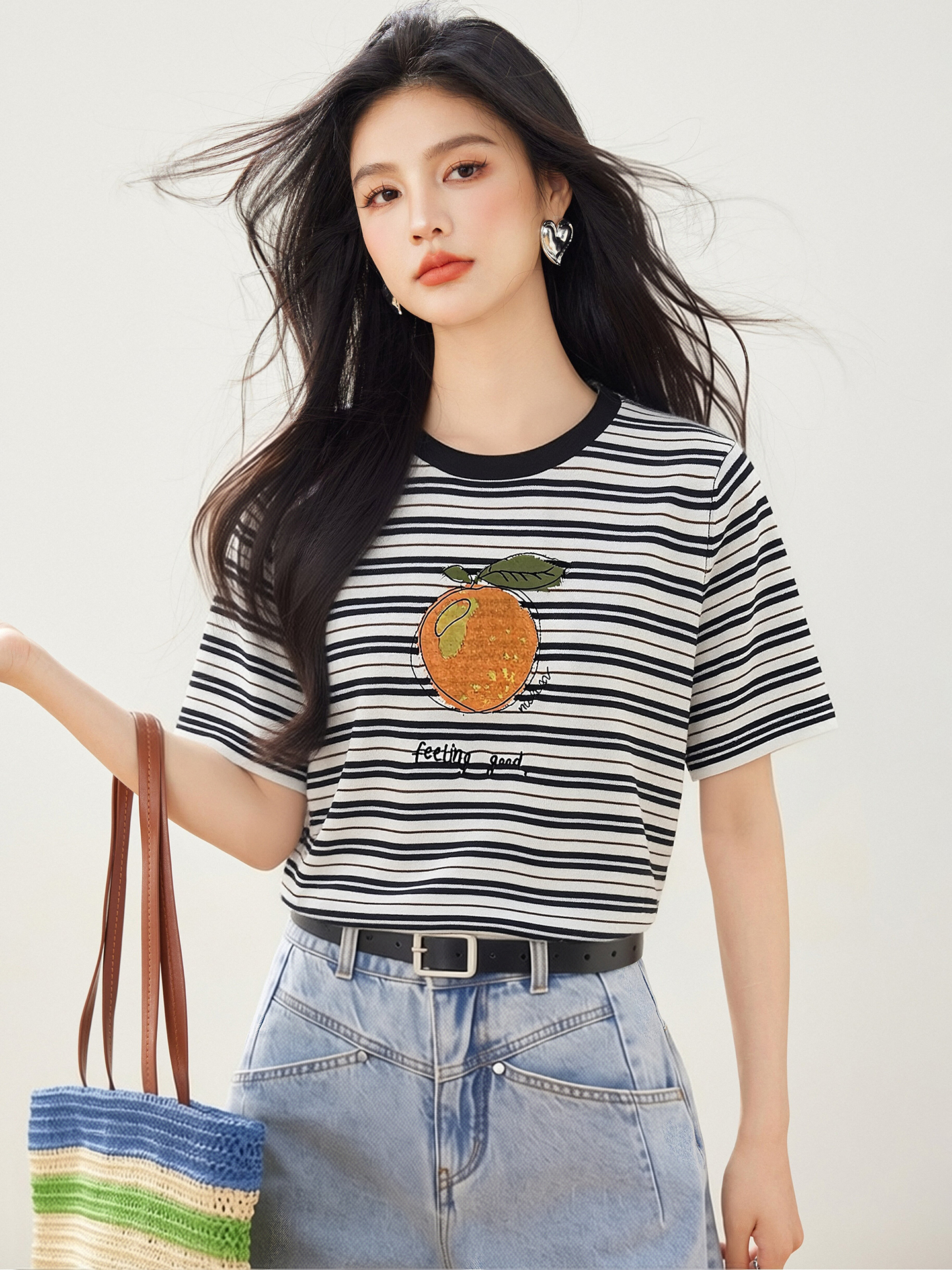 實拍◆有◆2026慵懶韓版撞色條紋橘子印花短袖女寬松百搭休閑上衣