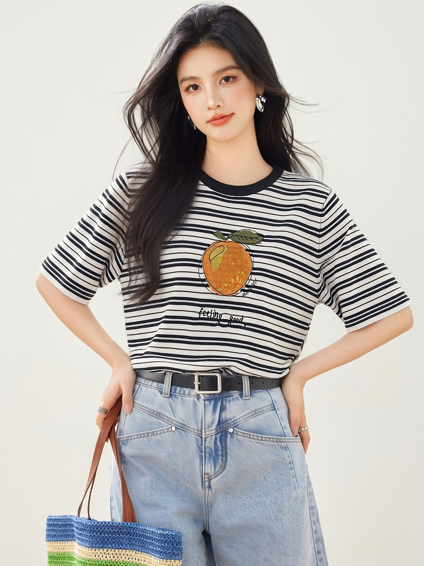 實拍◆有◆2026慵懶韓版撞色條紋橘子印花短袖女寬松百搭休閑上衣